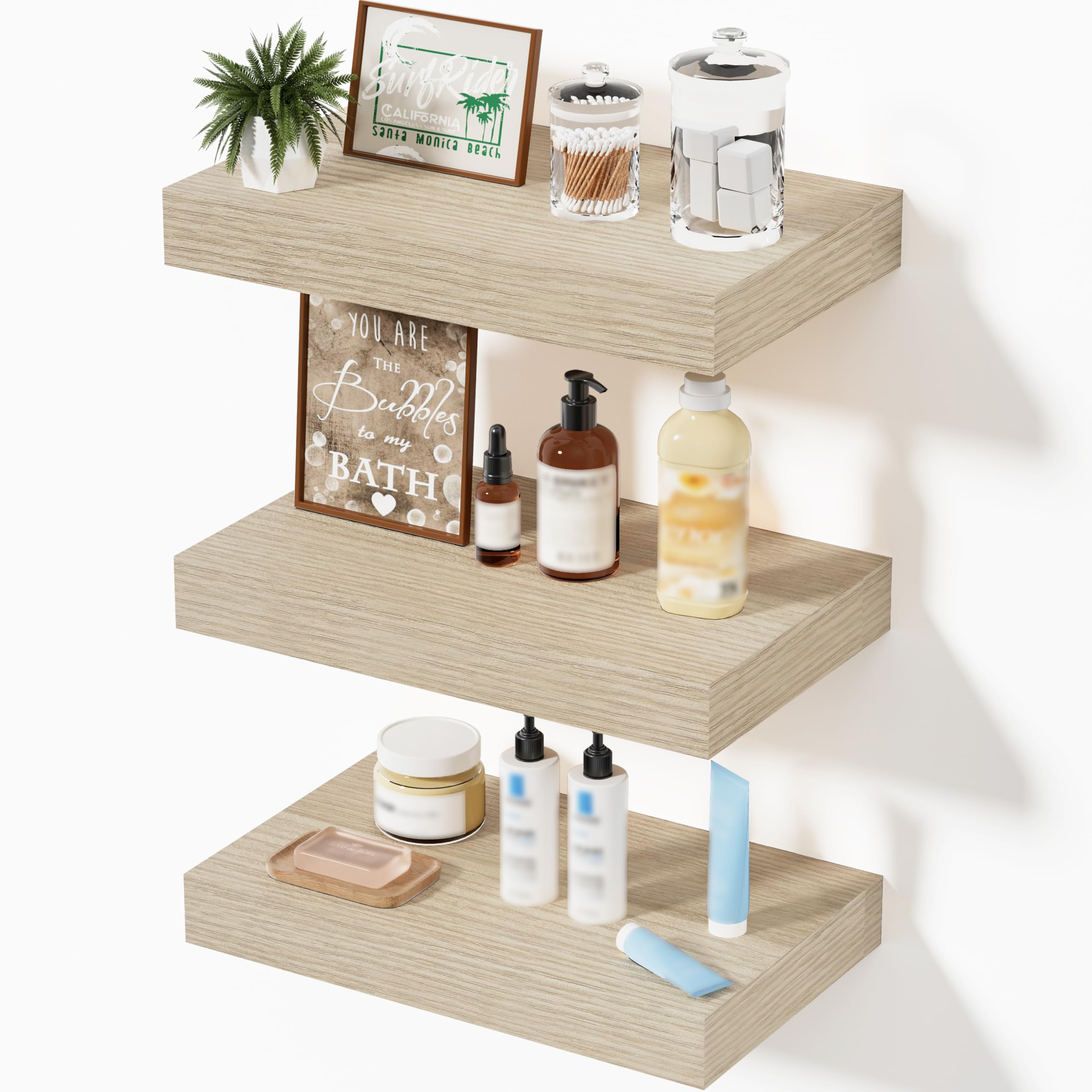 Oak Floating Shelves for Bathroom & Living Room Decor, 24 Inch Rustic Wood Wall Mounted Shelves for Plants, Books, Towels & Storage Display, Set of 2