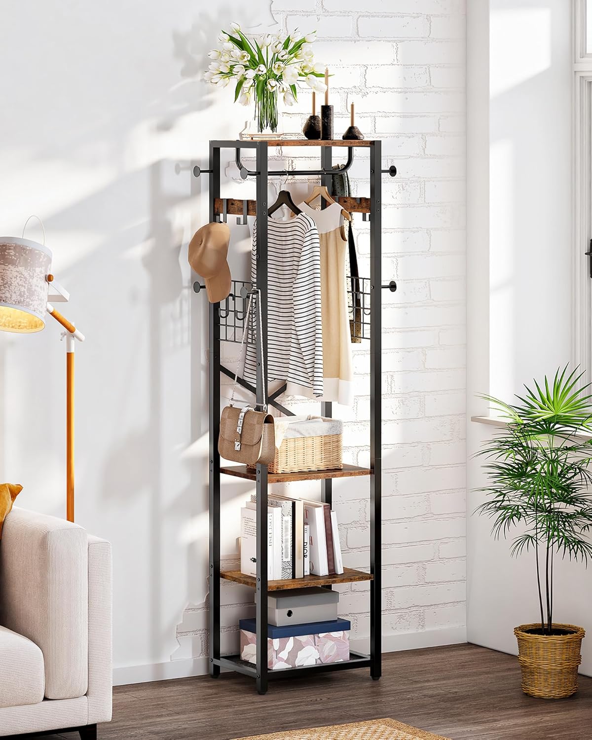 CHOEZON Coat Rack Freestanding, Hall Tree with 3 Storage Shelves, Coat Stand with 16 Hooks and Hanging Rail, Industrial Clothes Stand for Entryway, Hallway, Bedroom, Rustic Brown and Black DTYM18BF