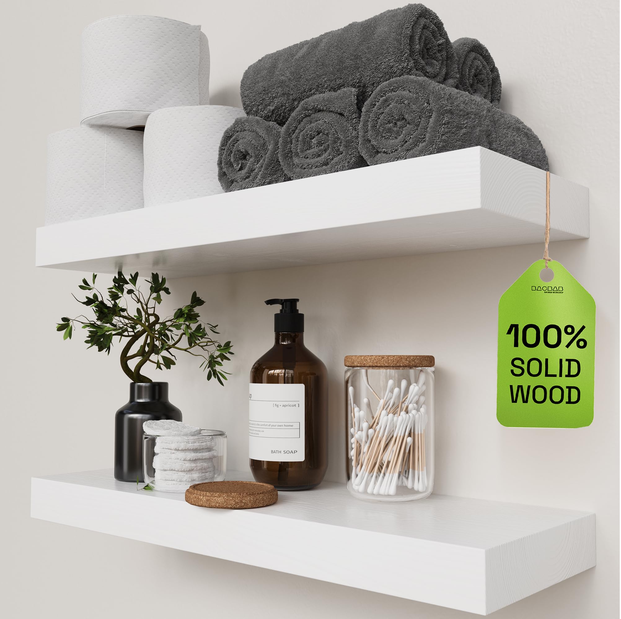 BAOBAB WORKSHOP Wood Floating Shelves for Wall Mounted, 16 inch Walnut Floating Shelf for Bathroom, Solid Wooden Wall Shelves for Kitchen Bedroom Farmhouse, Walnut Finish, 16 x 6.7, Set of 2