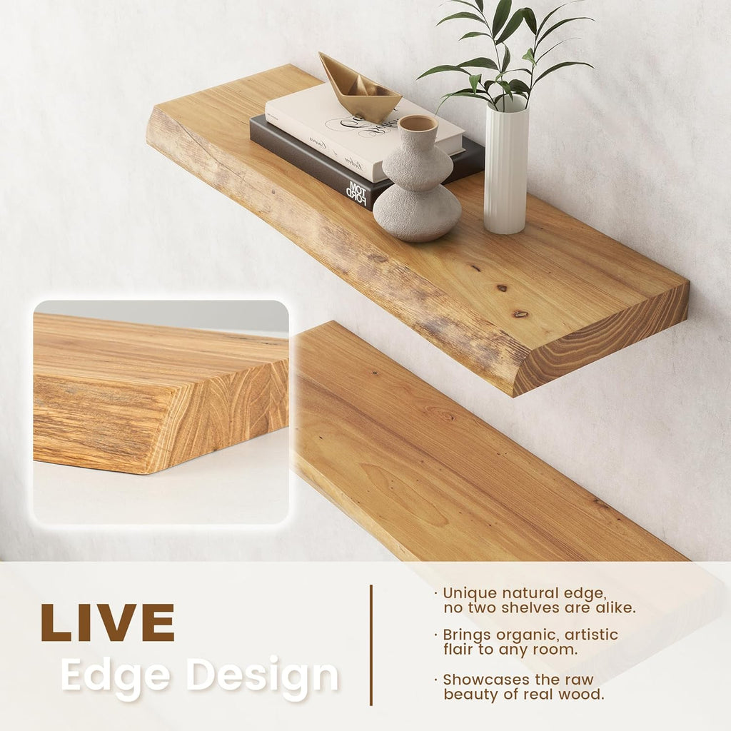 Live Edge Floating Shelves for Wall Decor, Solid Elm Wood Floating Shelves Wall Mounted, Rustic Wall Shelves with Invisible Bracket for Living Room Bathroom Bedroom Kitchen, 24 Inch Set of 2, Natural