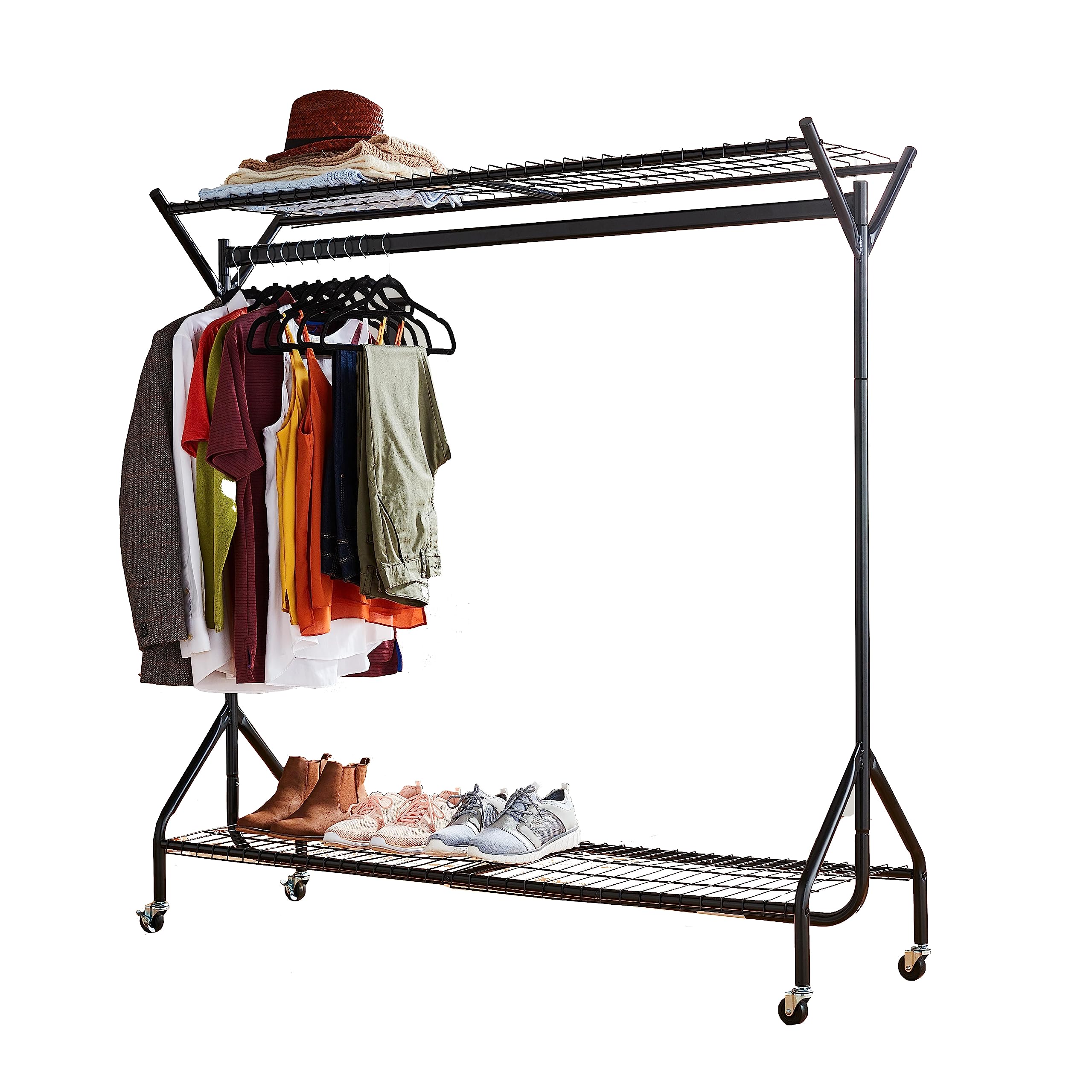 House of Home Clothes Rail Heavy Duty with Wheels Metal Wardrobe Rails For Hanging Clothing & Double Rack Shelves Storage & Organiser for Shirts, Coats, Hat & Shoes 6ft x 5ft Portable Black