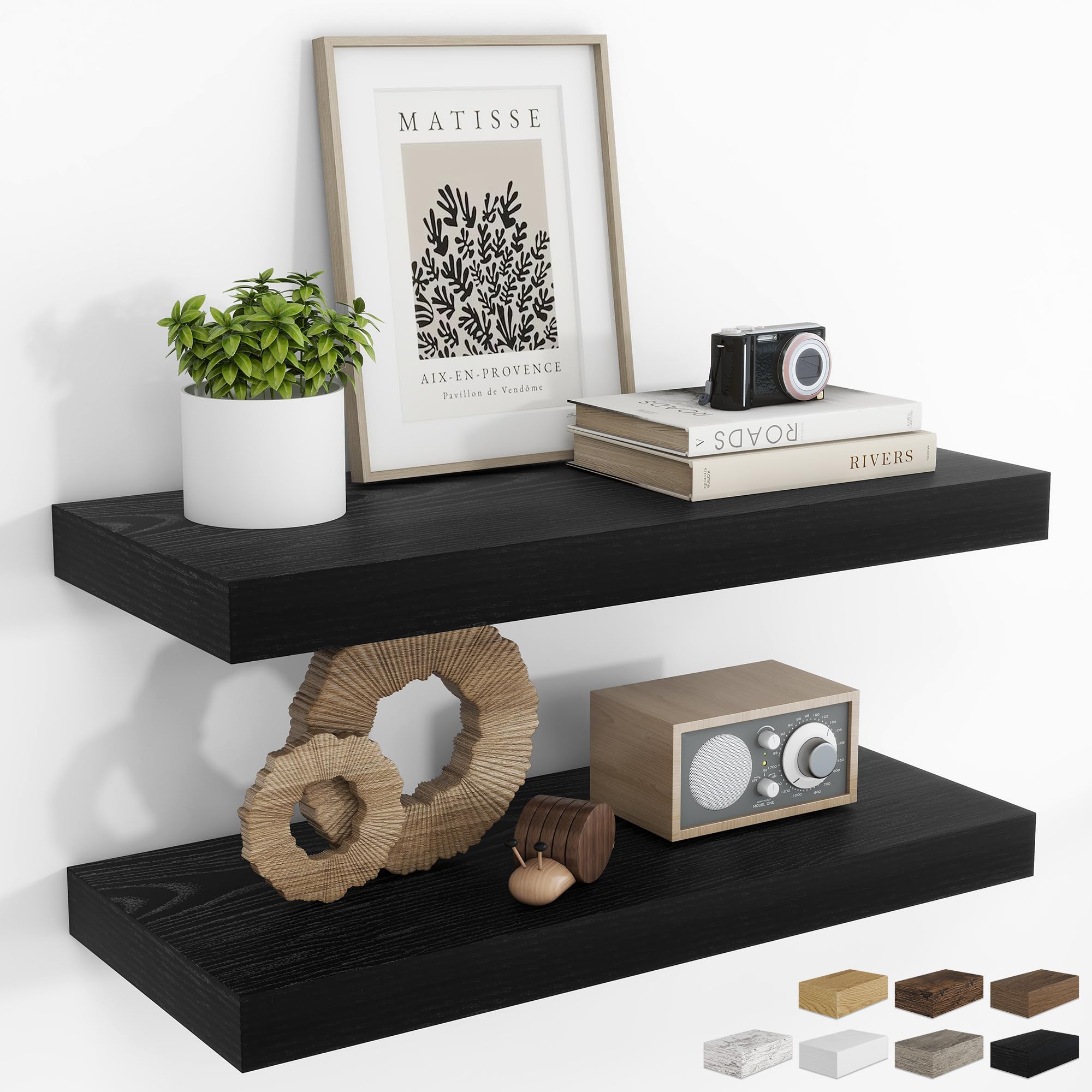 RICHFOCUS 24Inch Floating Shelves for Wall 2 Pack Shelves for Bedroom|Kitchen|Bathroom Wall Mounted Rustic Wood Floating Shelf with Invisible Brackets for Books|Storage|Decor, Oak