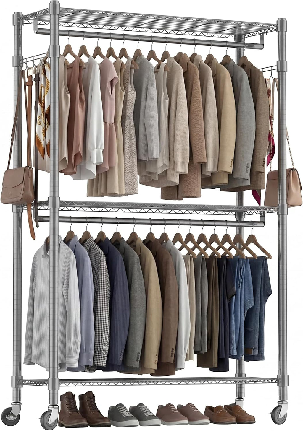Himimi Double Rod Garment Rack/3 tier Clothes Rail with Height-Adjustable Shelves, Heavy Duty Clothes Rack with 2 Hooks, Clothes Rails with Wheels, 90 * 42 * 205cm, Grey
