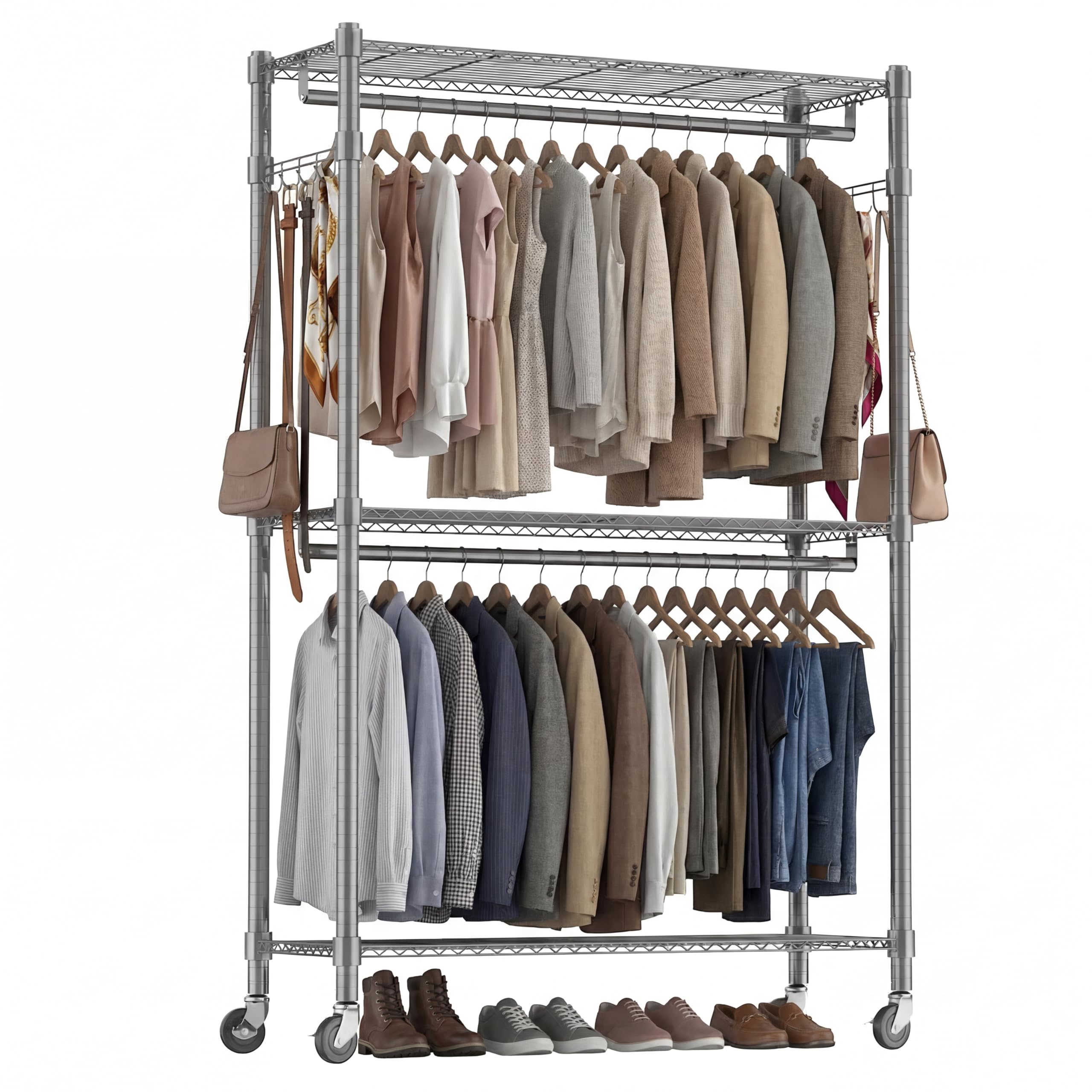 Himimi Double Rod Garment Rack/3 tier Clothes Rail with Height-Adjustable Shelves, Heavy Duty Clothes Rack with 2 Hooks, Clothes Rails with Wheels, 90 * 42 * 205cm, Grey