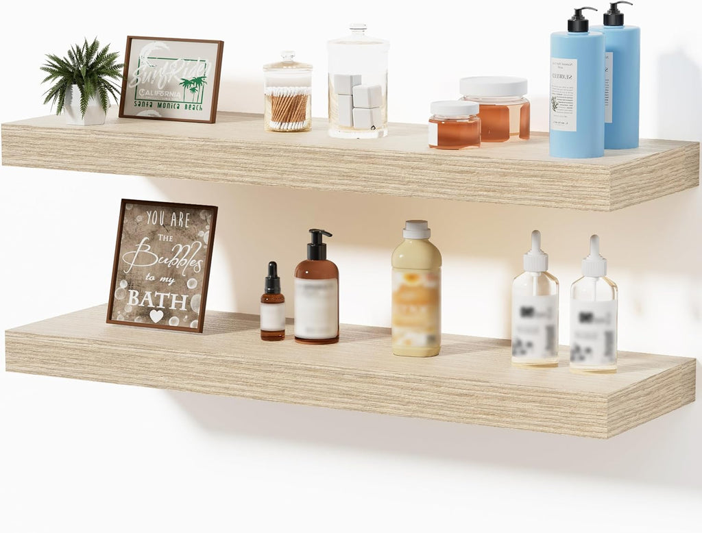 Oak Floating Shelves for Bathroom & Living Room Decor, 24 Inch Rustic Wood Wall Mounted Shelves for Plants, Books, Towels & Storage Display, Set of 2