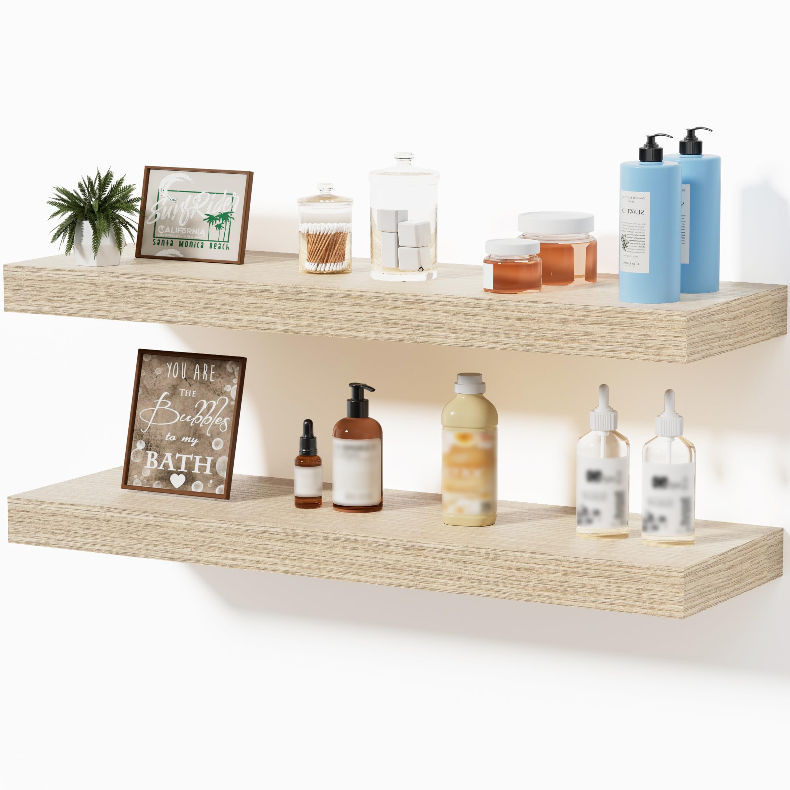 Oak Floating Shelves for Bathroom & Living Room Decor, 24 Inch Rustic Wood Wall Mounted Shelves for Plants, Books, Towels & Storage Display, Set of 2