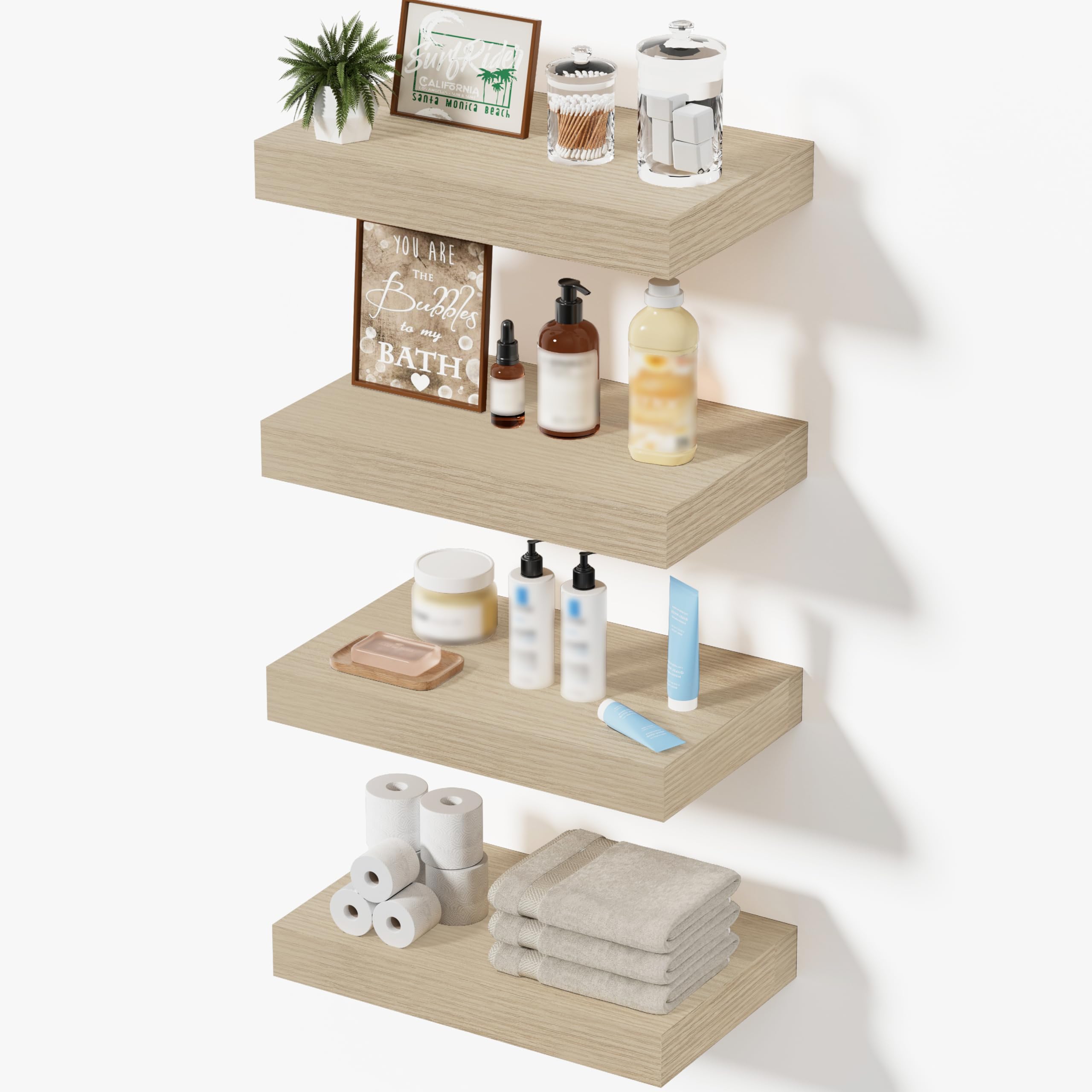 Oak Floating Shelves for Bathroom & Living Room Decor, 24 Inch Rustic Wood Wall Mounted Shelves for Plants, Books, Towels & Storage Display, Set of 2