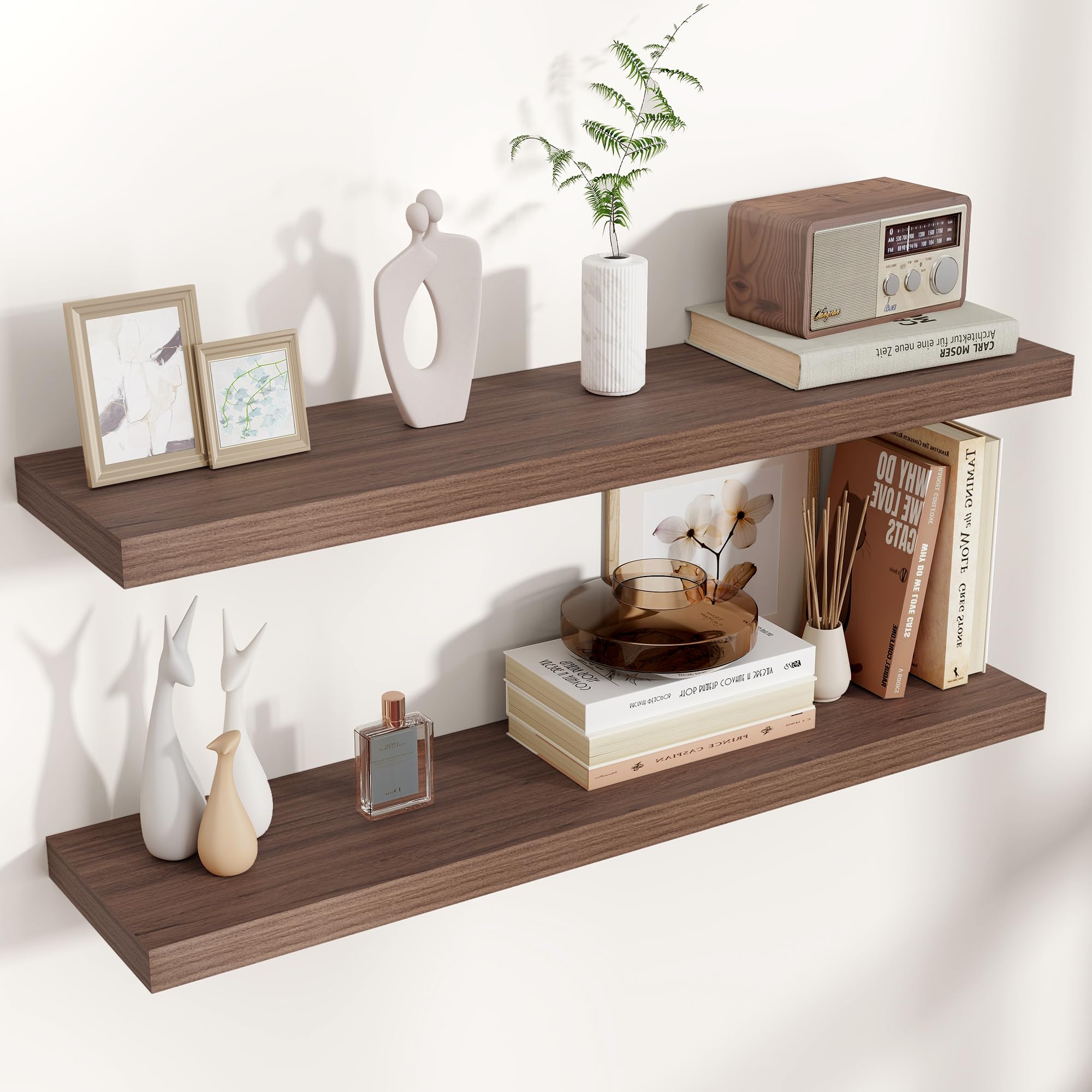 Venusmiles Floating Shelves for Wall 24 inch Long, Engineered Wood Wall Shelves with Invisible Brackets for Living Room Bedroom Bathroom Office Kitchen Decor and Storage, Oak Finish, Set of 2