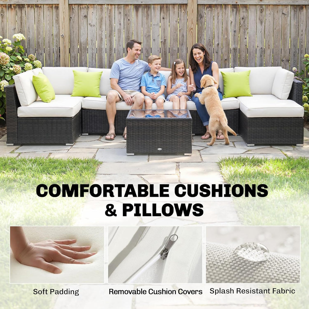 Outsunny 8 Pieces PE Rattan Corner Sofa Set, Outdoor Garden Furniture Set, Patio Wicker Sofa Seater w/Cushion, Washable Cushion Cover & Tempered Glass Table, Brown
