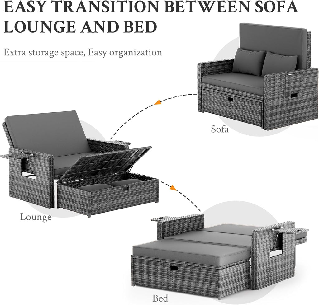 Amopatio Rattan Daybed Garden Furniture Set, Outdoor Loveseat Sofa with Storage Ottoman, Sunbed Sofa Set with Cushions/Adjustable Backrest/Retractable Trays for Balcony, Patio, Grey