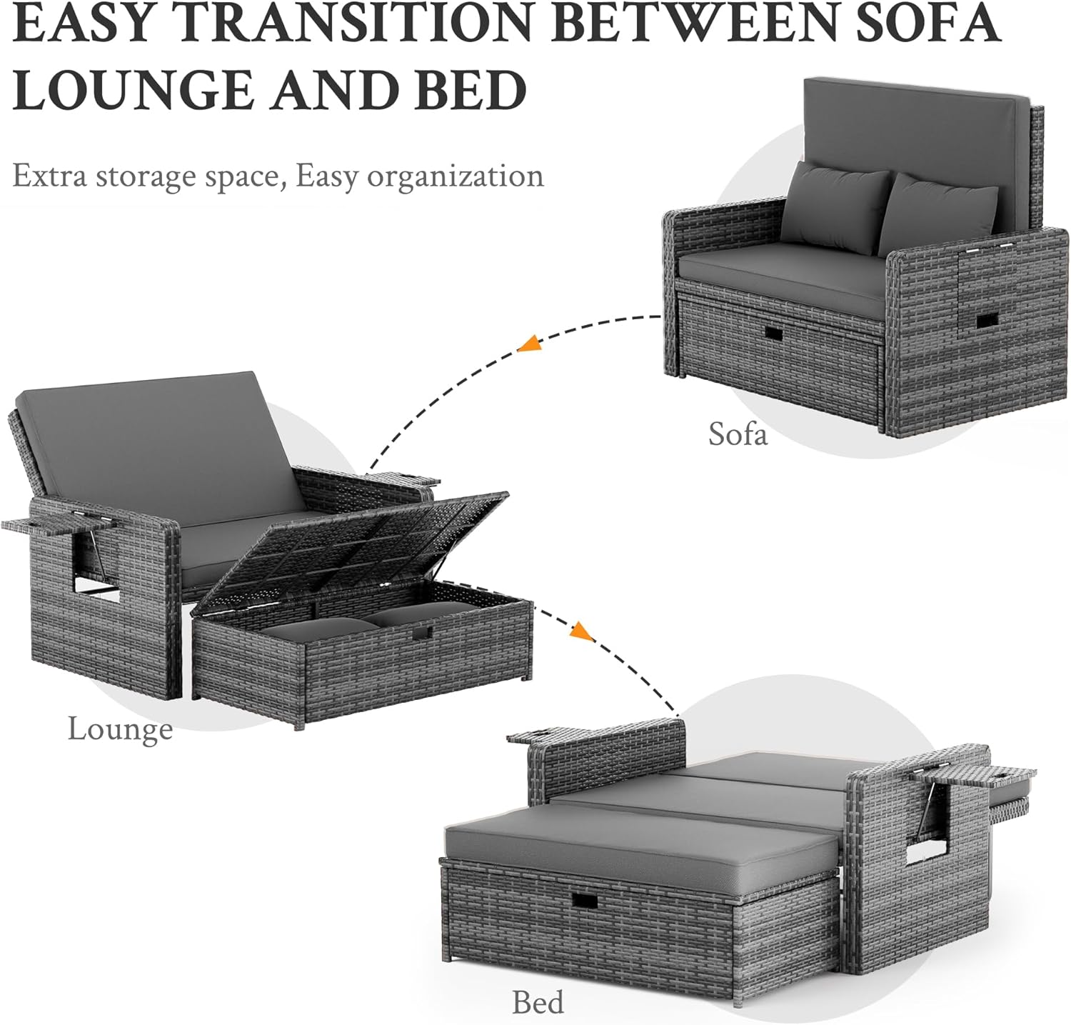 Amopatio Rattan Daybed Garden Furniture Set, Outdoor Loveseat Sofa with Storage Ottoman, Sunbed Sofa Set with Cushions/Adjustable Backrest/Retractable Trays for Balcony, Patio, Grey