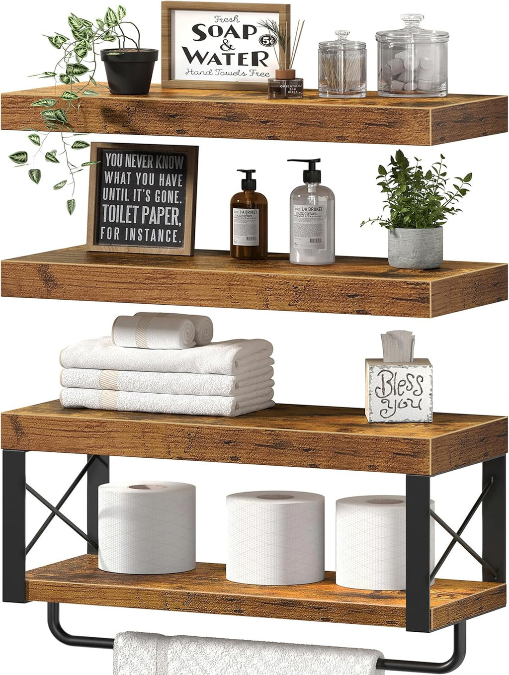 QEEIG Bathroom Shelves Over Toilet - Floating Shelf for Wall Toilet Paper Storage Farmhouse 16 inch Set of 3, Rustic Brown (029-40BN3)