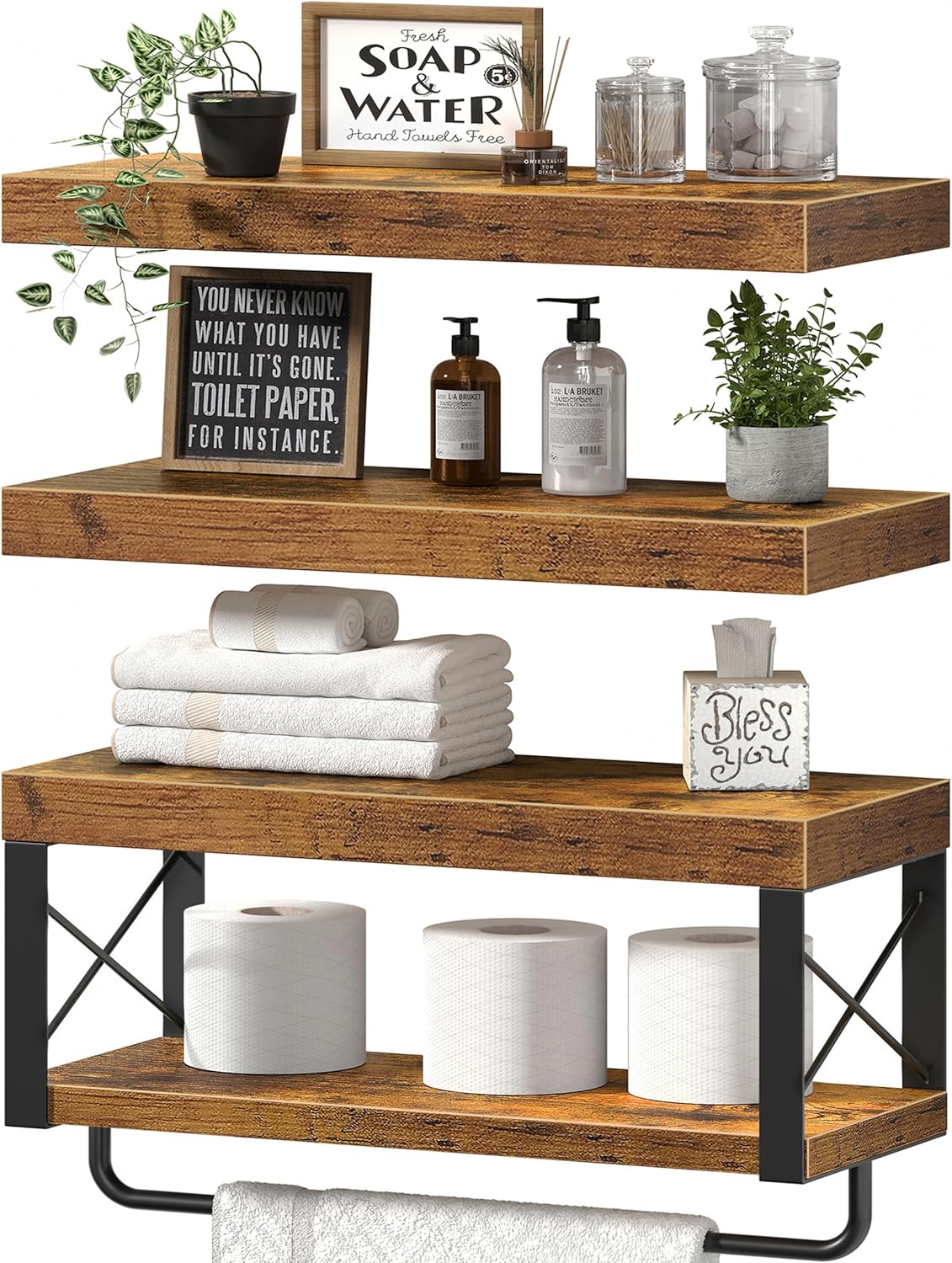 QEEIG Bathroom Shelves Over Toilet - Floating Shelf for Wall Toilet Paper Storage Farmhouse 16 inch Set of 3, Rustic Brown (029-40BN3)