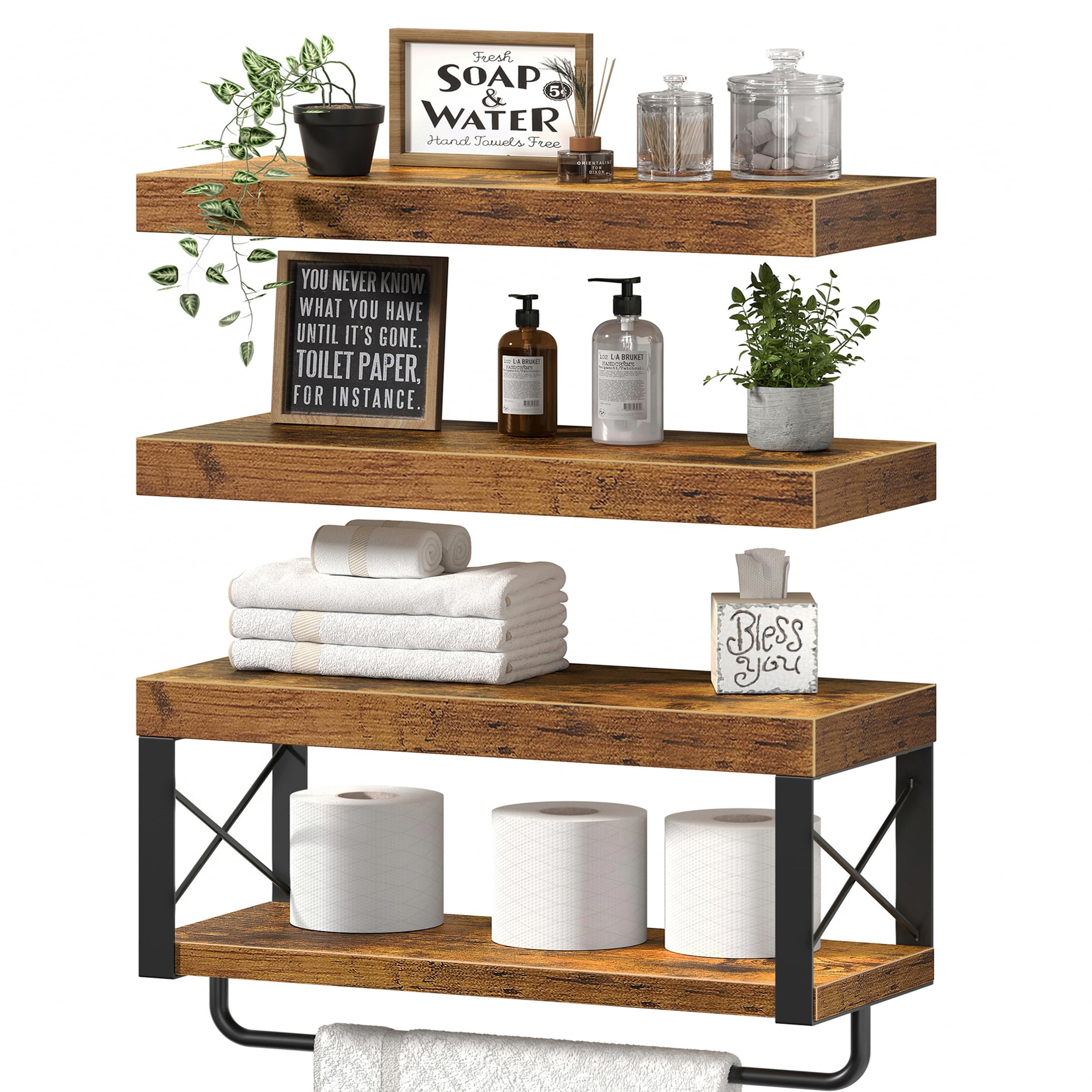 QEEIG Bathroom Shelves Over Toilet - Floating Shelf for Wall Toilet Paper Storage Farmhouse 16 inch Set of 3, Rustic Brown (029-40BN3)