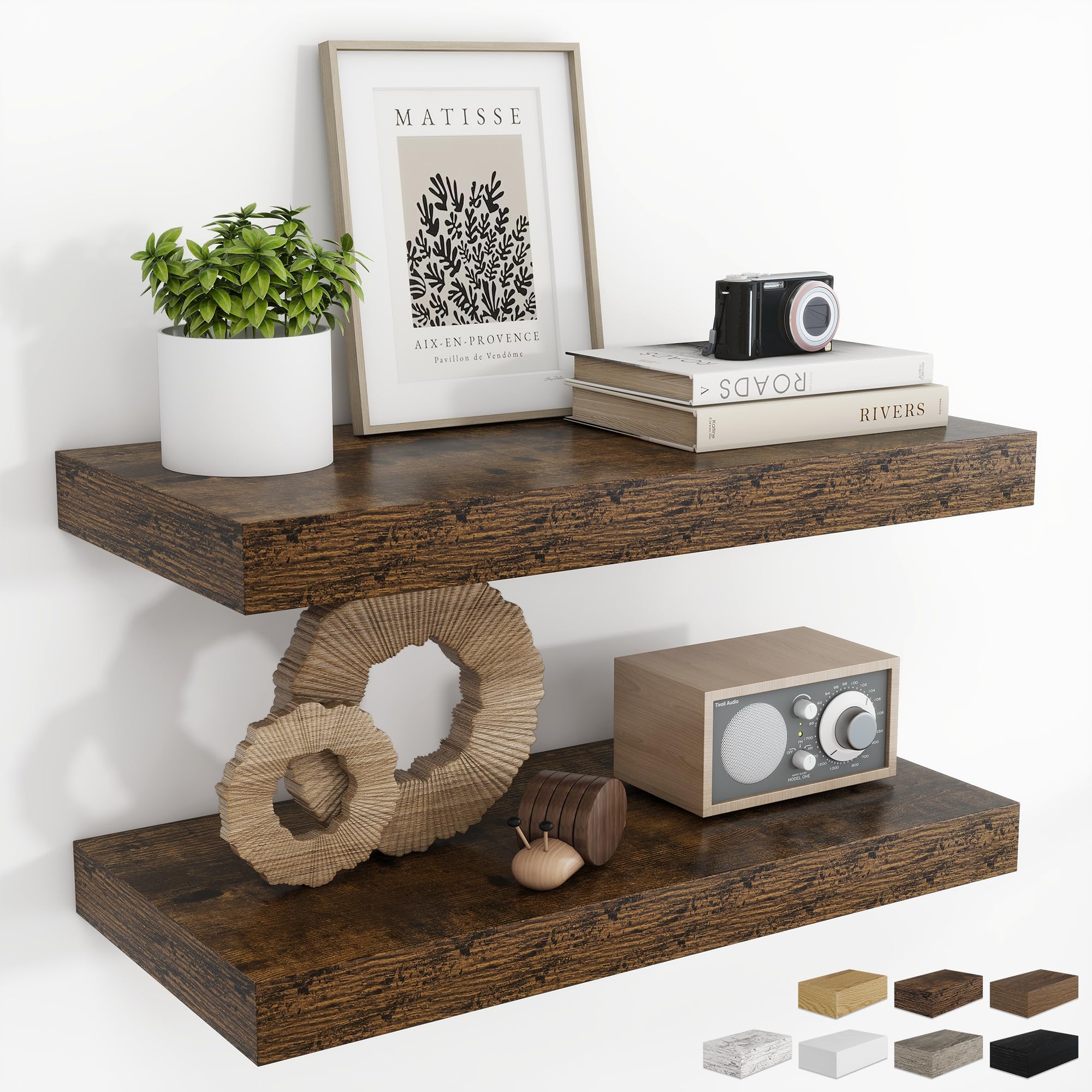 RICHFOCUS 24Inch Floating Shelves for Wall 2 Pack Shelves for Bedroom|Kitchen|Bathroom Wall Mounted Rustic Wood Floating Shelf with Invisible Brackets for Books|Storage|Decor, Oak