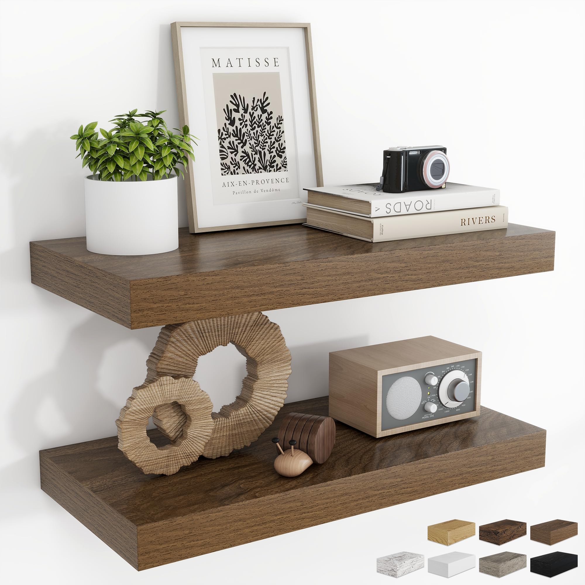 RICHFOCUS 24Inch Floating Shelves for Wall 2 Pack Shelves for Bedroom|Kitchen|Bathroom Wall Mounted Rustic Wood Floating Shelf with Invisible Brackets for Books|Storage|Decor, Oak