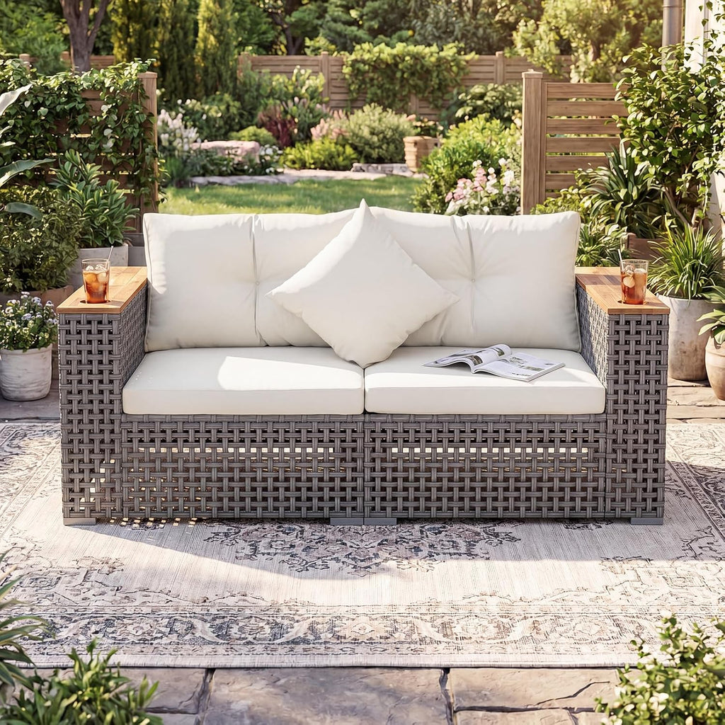 Multigot 2-Seater Garden Rattan Sofa, Outdoor Sectional Corner Sofa Set with Thick Cushions and Armrests, All-Weather Patio Wicker Leisure Loveseat Porch Seating Bench for Backyard Balcony