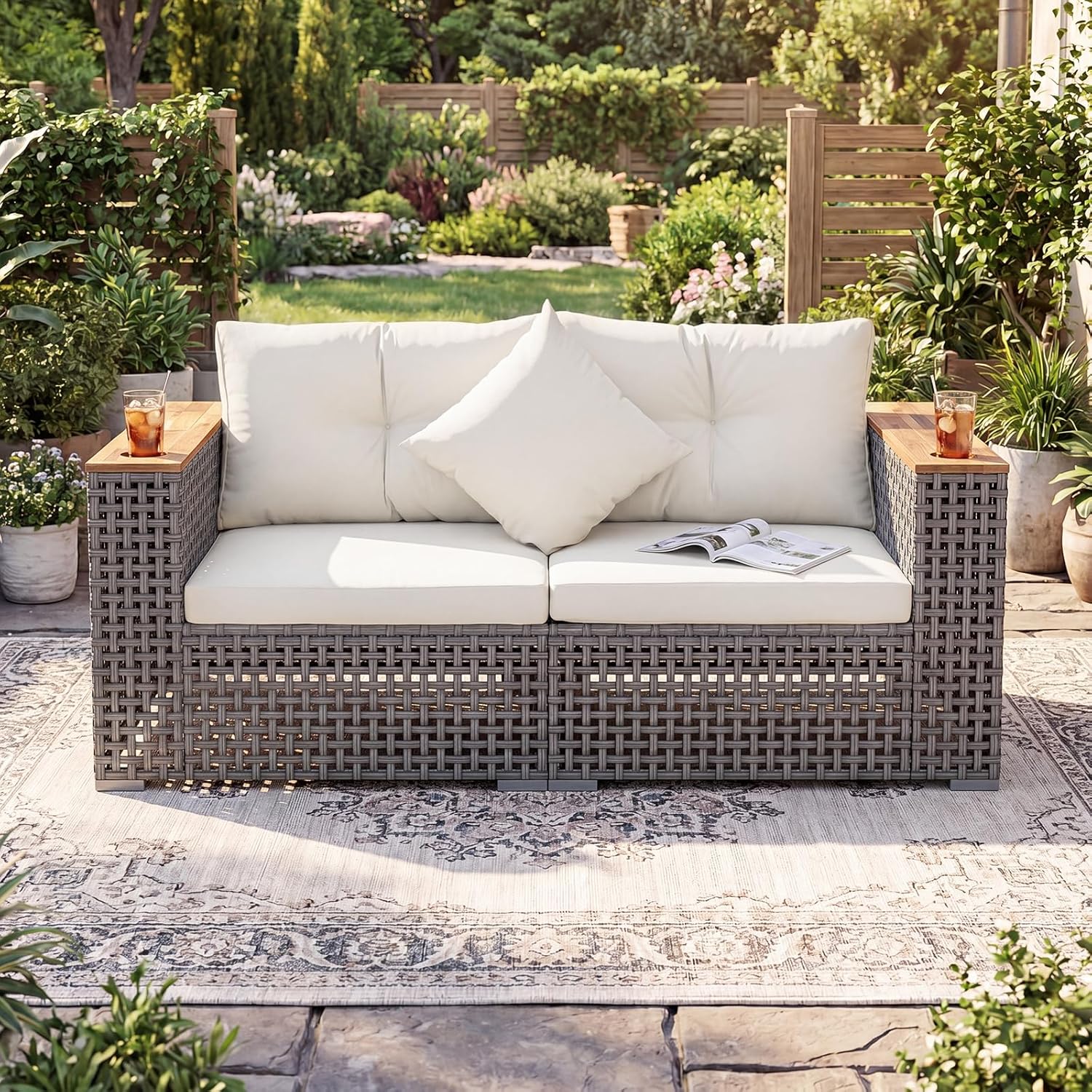 Multigot 2-Seater Garden Rattan Sofa, Outdoor Sectional Corner Sofa Set with Thick Cushions and Armrests, All-Weather Patio Wicker Leisure Loveseat Porch Seating Bench for Backyard Balcony