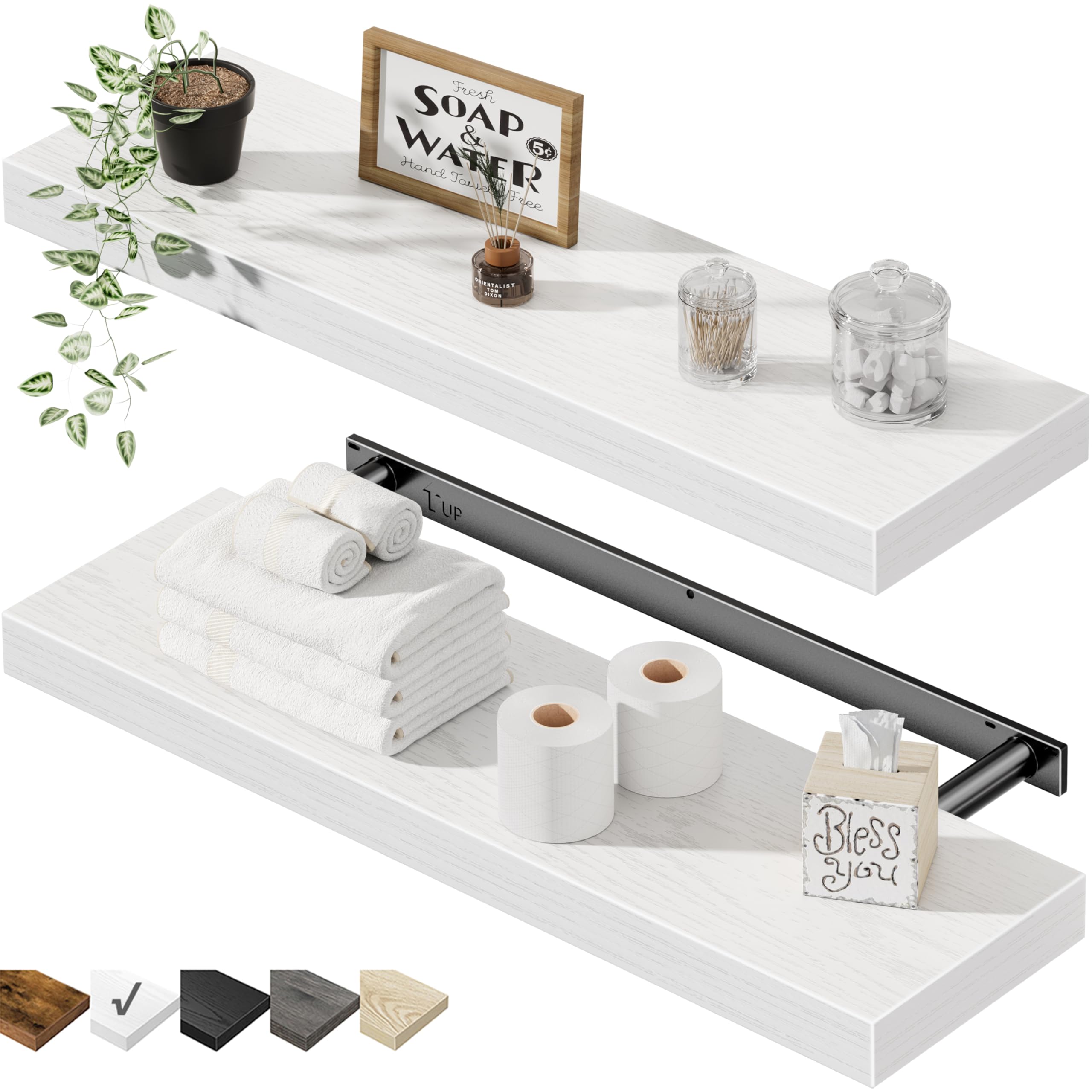 QEEIG Floating Shelves for Wall 23.6" Long - Wall Mounted Shelf Bathroom Kitchen Living Room Bedroom Farmhouse Home Decor Display Bookshelf Set of 2, Rustic Brown (008-60BN)