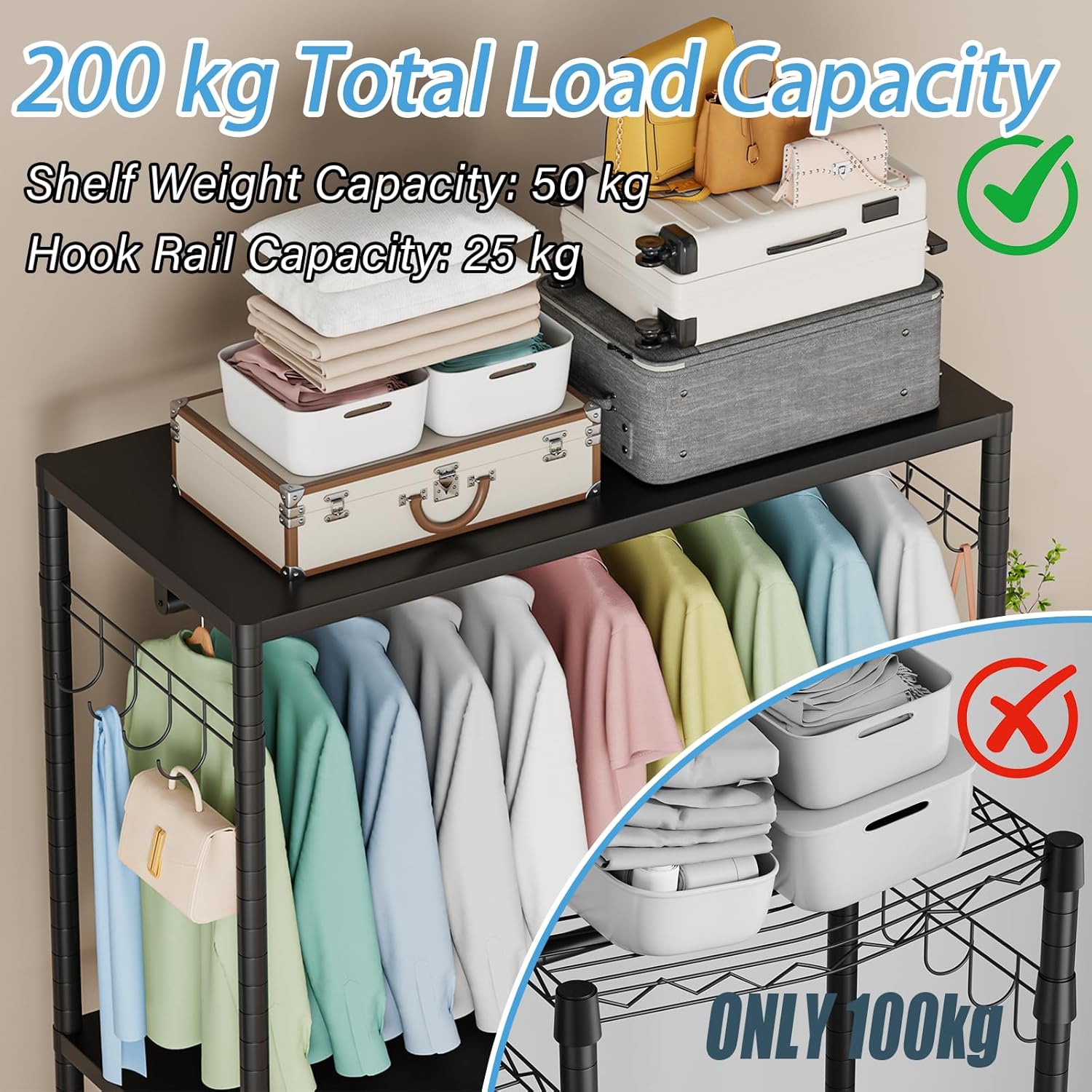 Black 2-Tier Heavy Duty Clothes Rack, 200cm with Adjustable Shelves, Double Rods & Side Hooks, 440lbs Load Capacity