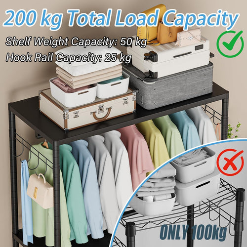 Black 2-Tier Heavy Duty Clothes Rack, 200cm with Adjustable Shelves, Double Rods & Side Hooks, 440lbs Load Capacity