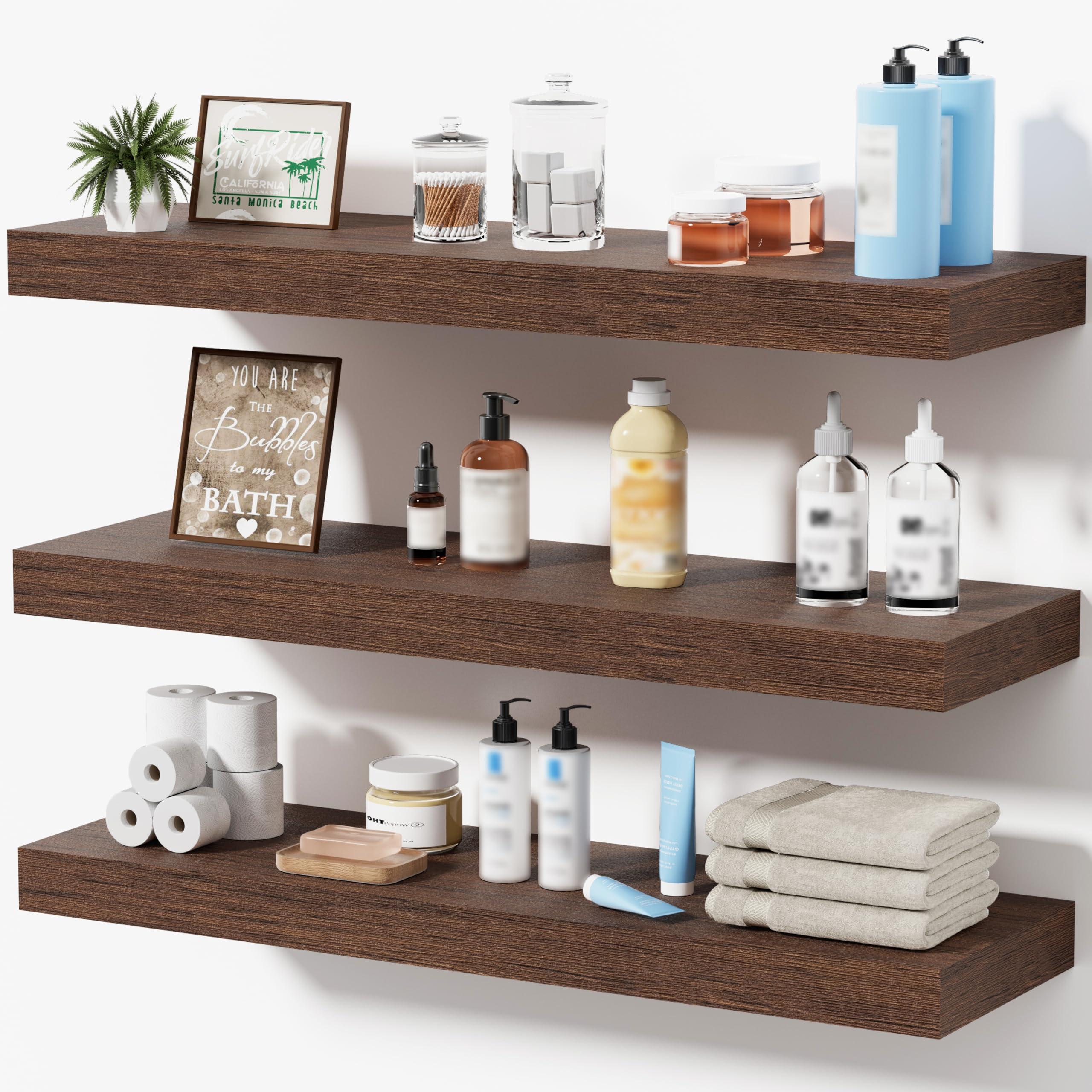 Oak Floating Shelves for Bathroom & Living Room Decor, 24 Inch Rustic Wood Wall Mounted Shelves for Plants, Books, Towels & Storage Display, Set of 2