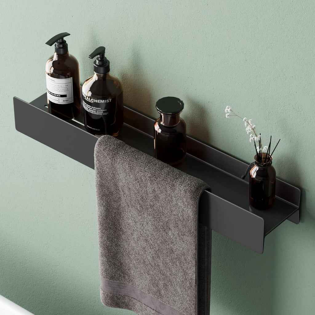 Mai & Mai Shower Caddy No Drill, Bathroom Storage Shelf with Screw Mounting and Optional Adhesive Installation, 60cm Wall Mounted Shower Shelf with Towel Hanging Space, Reglo-03, Matte Black