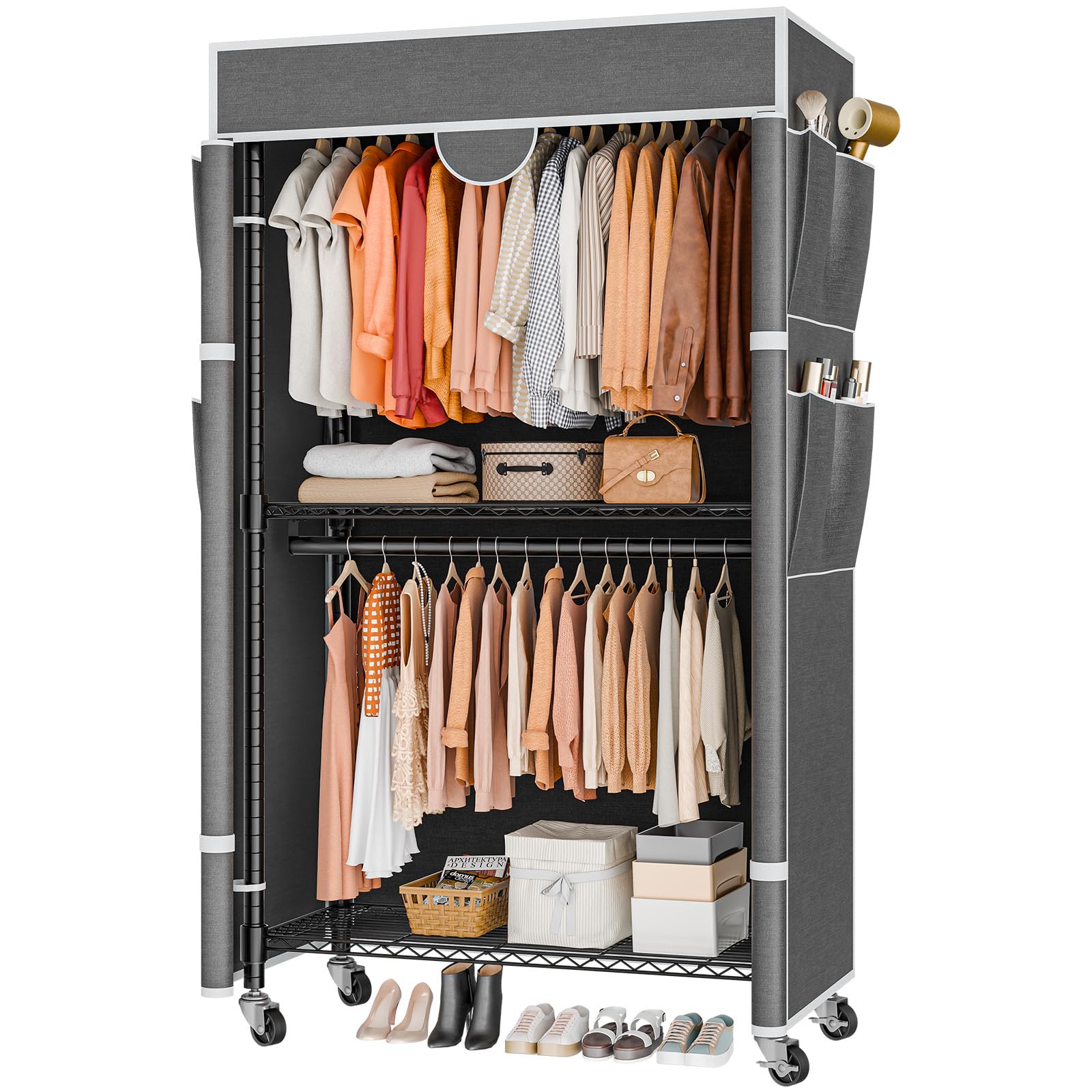 Himimi Double Rod Garment Rack/3 tier Clothes Rail with Height-Adjustable Shelves, Heavy Duty Clothes Rack with 2 Hooks, Clothes Rails with Wheels, 90 * 42 * 205cm, Grey