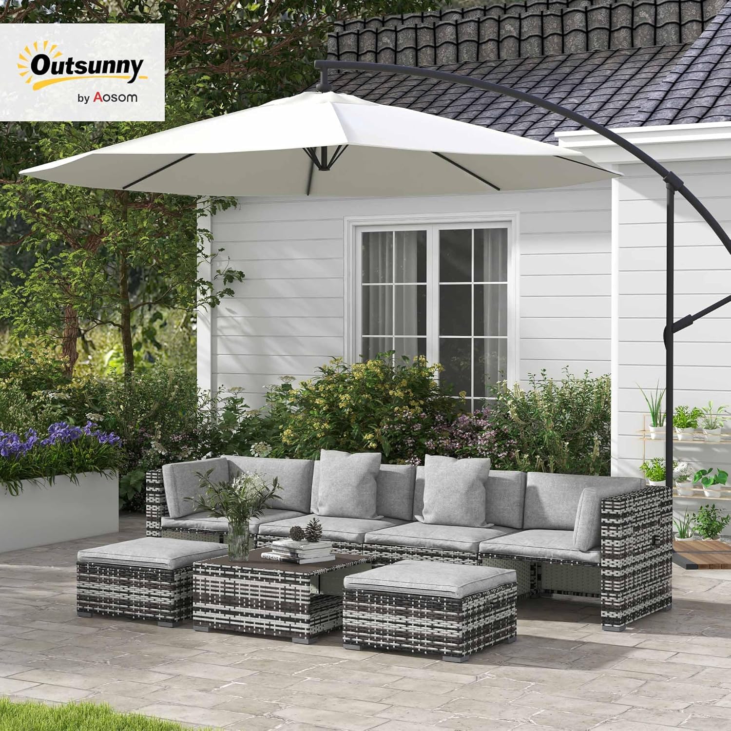 Outsunny 7 Pieces PE Rattan Garden Sofa Set Patio Furniture Set with Glass Table, Stools, Cushions, Pillows, for Outdoor Balcony, Mixed Grey