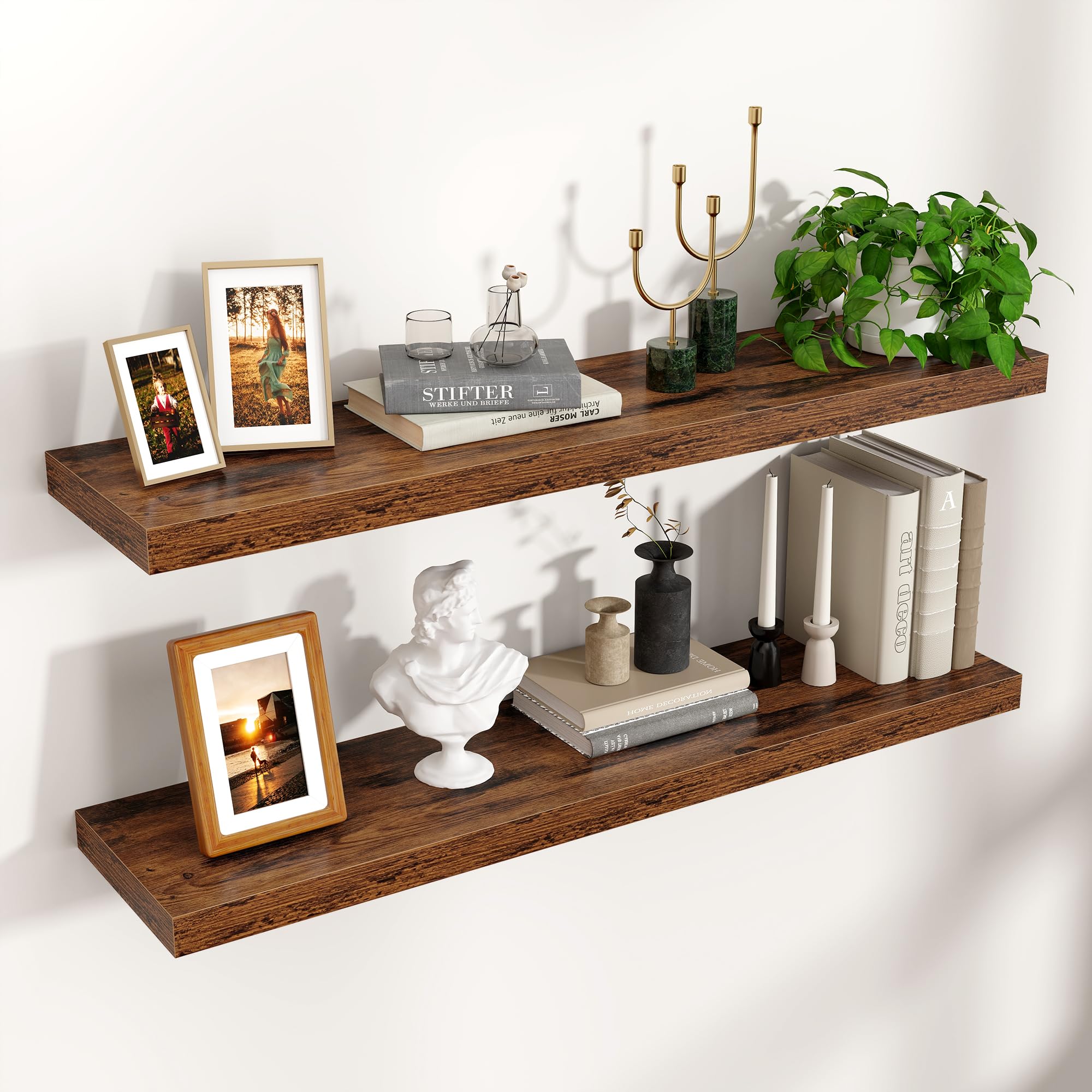 Venusmiles Floating Shelves for Wall 24 inch Long, Engineered Wood Wall Shelves with Invisible Brackets for Living Room Bedroom Bathroom Office Kitchen Decor and Storage, Oak Finish, Set of 2