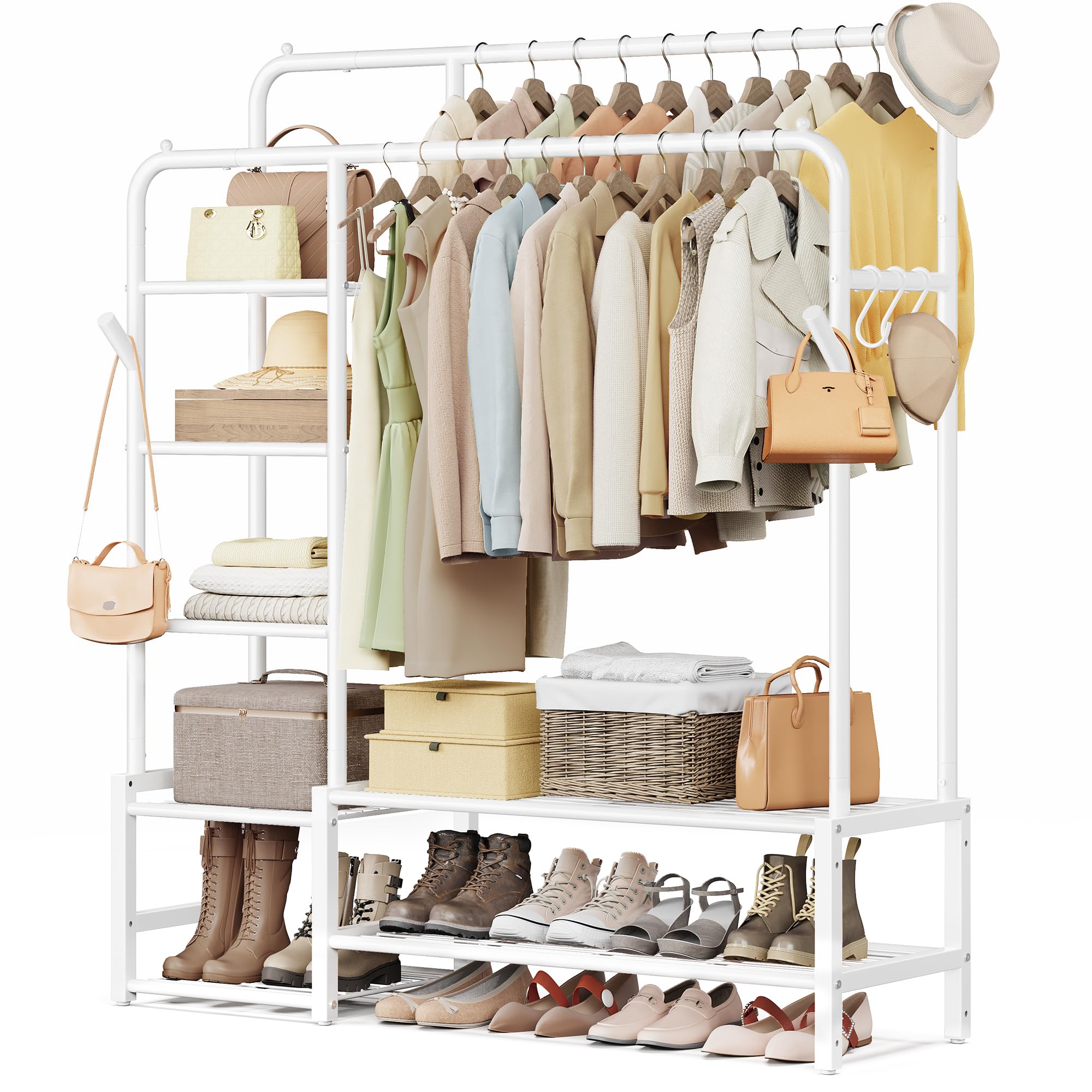 SONGMICS Clothes Rail, Heavy Duty Clothes Rack with 7 Storage Shelves, Double Hanging Rods, Metal Coat Rack, Open Wardrobe for Bedroom, Living Room, Hallway, Black HSR182B01