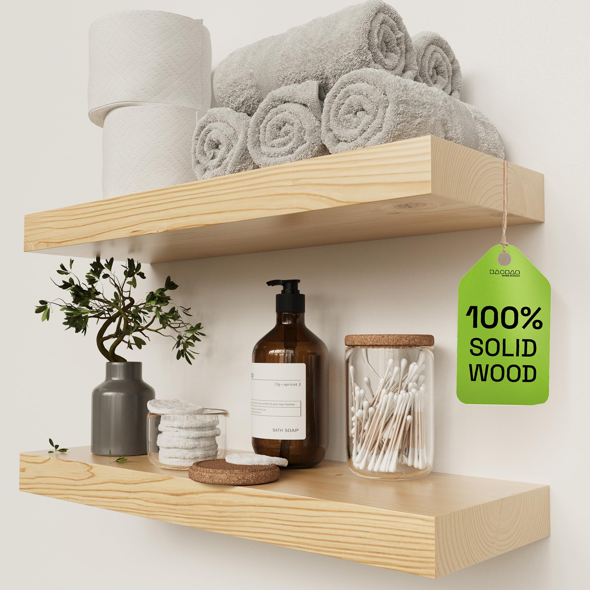 BAOBAB WORKSHOP Wood Floating Shelves for Wall Mounted, 16 inch Walnut Floating Shelf for Bathroom, Solid Wooden Wall Shelves for Kitchen Bedroom Farmhouse, Walnut Finish, 16 x 6.7, Set of 2