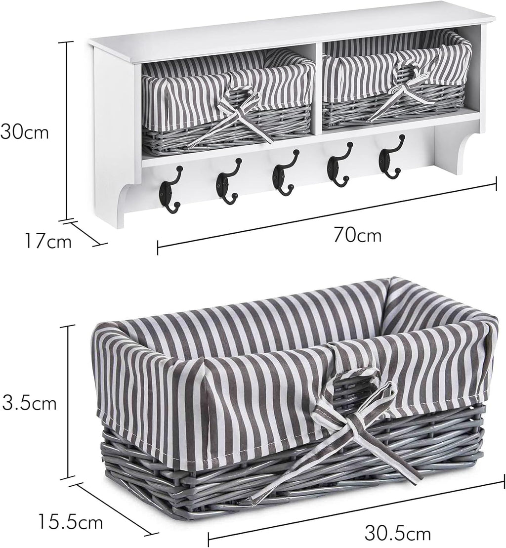 VonHaus Coat Hooks Wall Mounted - White Coat Rack Shelf w/ 2 Grey Wicker Storage Baskets & 5 Strong Double Clothes Hooks - Hallway Organiser w/Shelving for Hall & Entryway - for Scarves, Bags