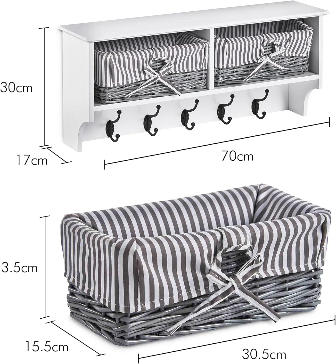 VonHaus Coat Hooks Wall Mounted - White Coat Rack Shelf w/ 2 Grey Wicker Storage Baskets & 5 Strong Double Clothes Hooks - Hallway Organiser w/Shelving for Hall & Entryway - for Scarves, Bags