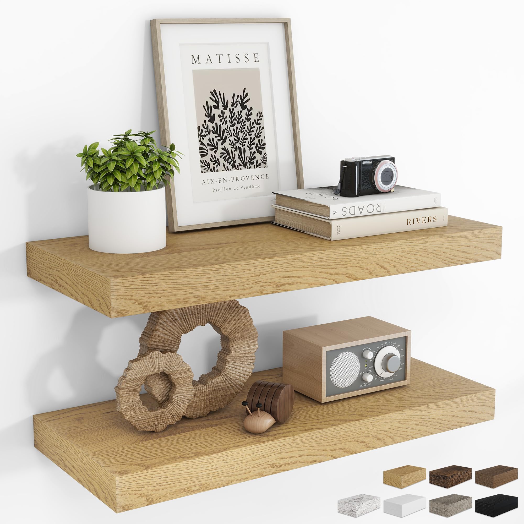 RICHFOCUS 24Inch Floating Shelves for Wall 2 Pack Shelves for Bedroom|Kitchen|Bathroom Wall Mounted Rustic Wood Floating Shelf with Invisible Brackets for Books|Storage|Decor, Oak