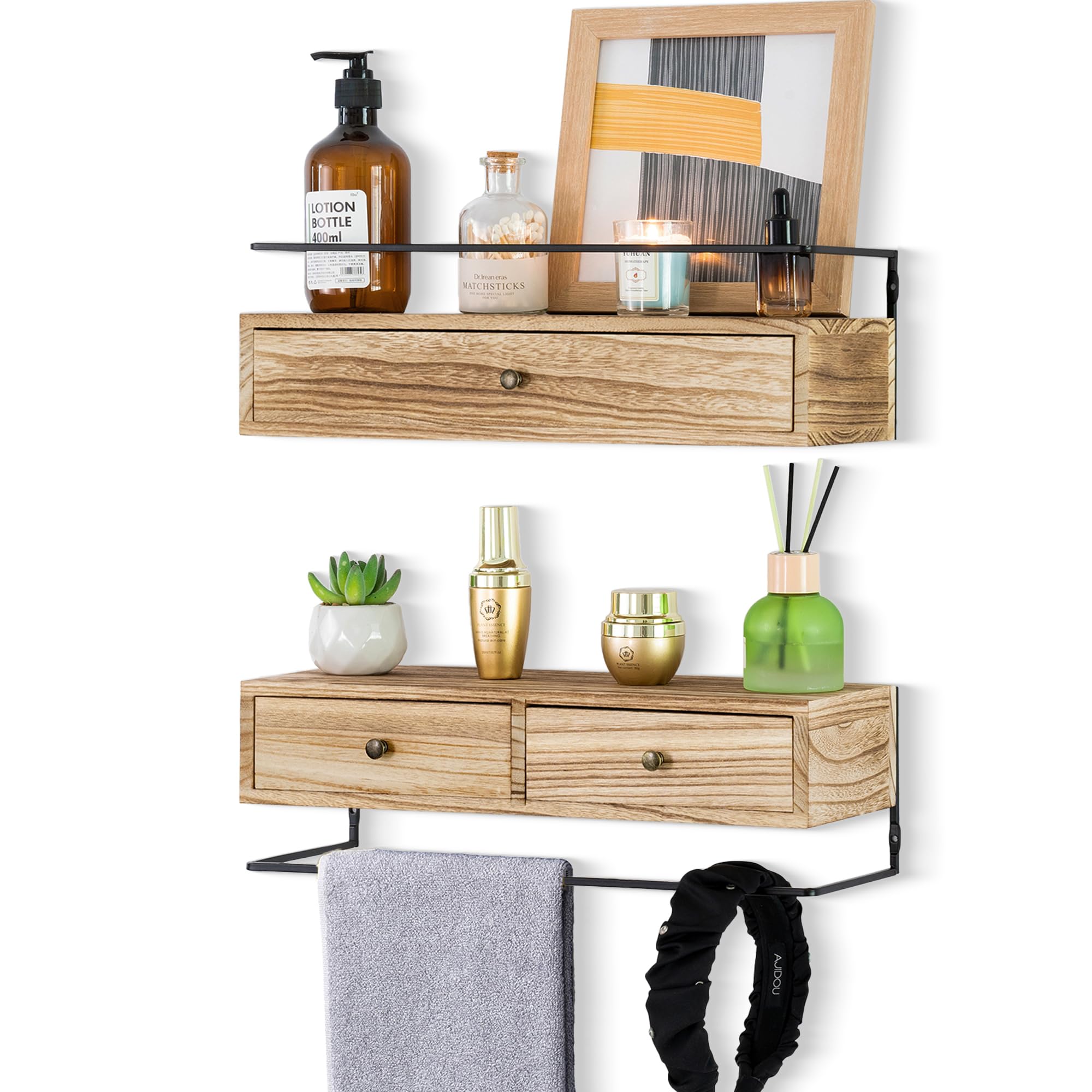 Dreampossible Floating Shelves With Drawers Set of 2 - Wall Mounted Storage for Bathroom, Living Room, Kitchen - Rustic Wood Wall Decor for Plants, Books