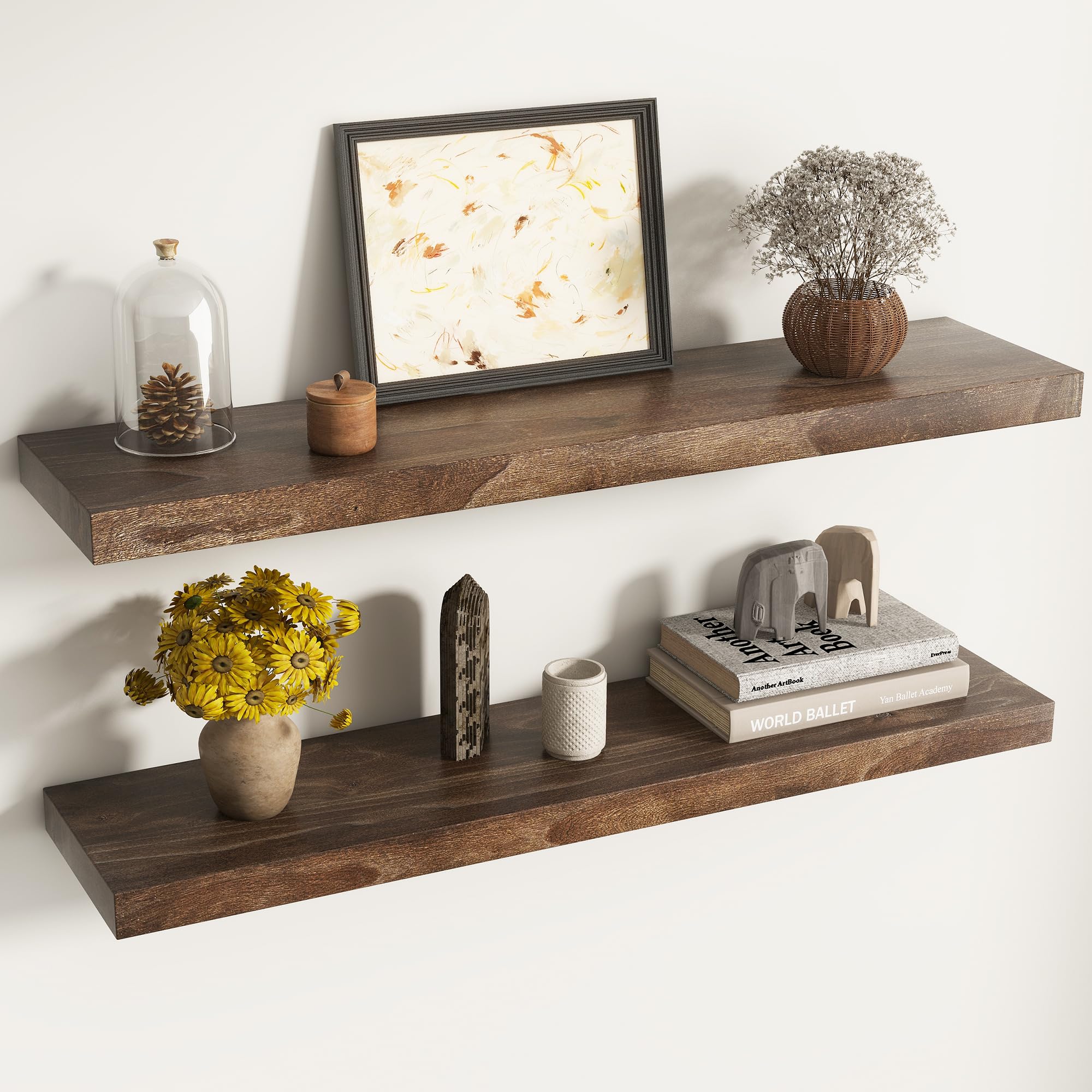 Live Edge Floating Shelves for Wall Decor, Solid Elm Wood Floating Shelves Wall Mounted, Rustic Wall Shelves with Invisible Bracket for Living Room Bathroom Bedroom Kitchen, 24 Inch Set of 2, Natural