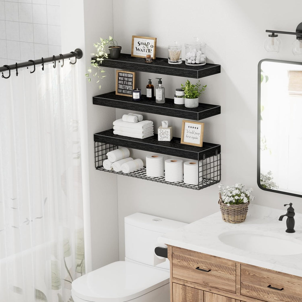 QEEIG Bathroom Shelves 24 inches Long - Floating Shelf for Wall Over Toilet Paper Storage Basket Farmhouse Set of 3, Black (019-60B3)