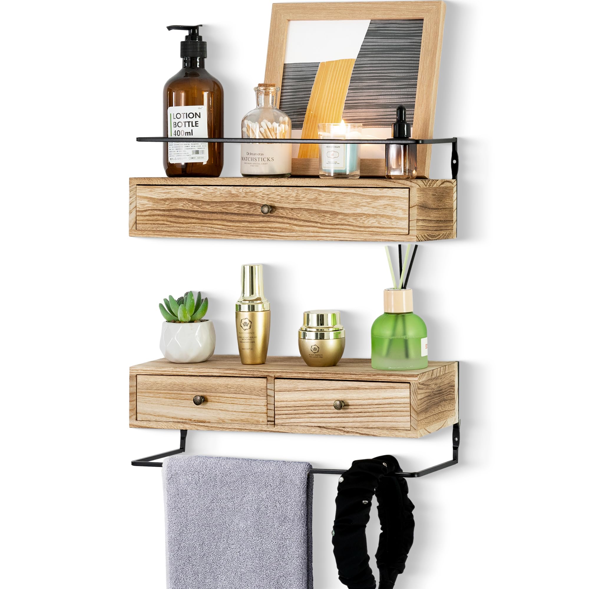 Dreampossible Floating Shelves With Drawers Set of 2 - Wall Mounted Storage for Bathroom, Living Room, Kitchen - Rustic Wood Wall Decor for Plants, Books