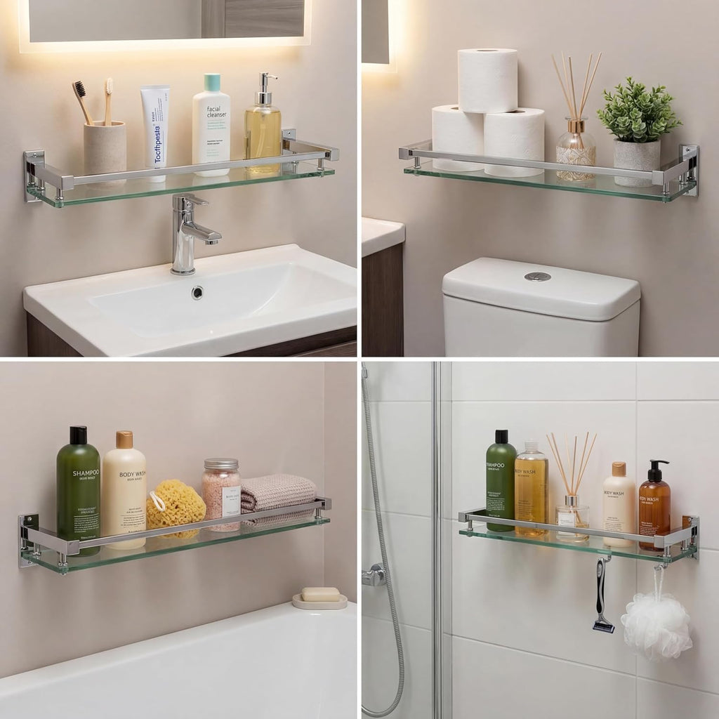 Cinnvoice 3 Pack 20 Inch Glass Bathroom Shelves for Wall, Wall Mount Glass Shelves with Stainless Steel Rail, Modern Floating Bathroom Shelf Organizer, Rectangular Room Decor for Sink, Over Toilet