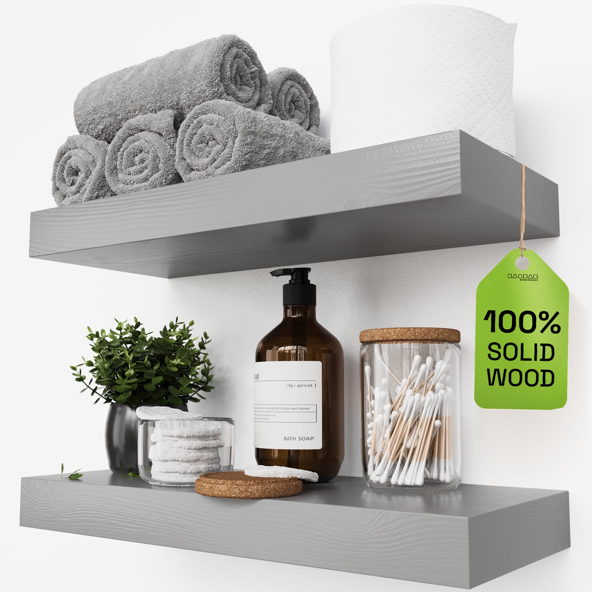 BAOBAB WORKSHOP Wood Floating Shelves for Wall Mounted, 16 inch Walnut Floating Shelf for Bathroom, Solid Wooden Wall Shelves for Kitchen Bedroom Farmhouse, Walnut Finish, 16 x 6.7, Set of 2