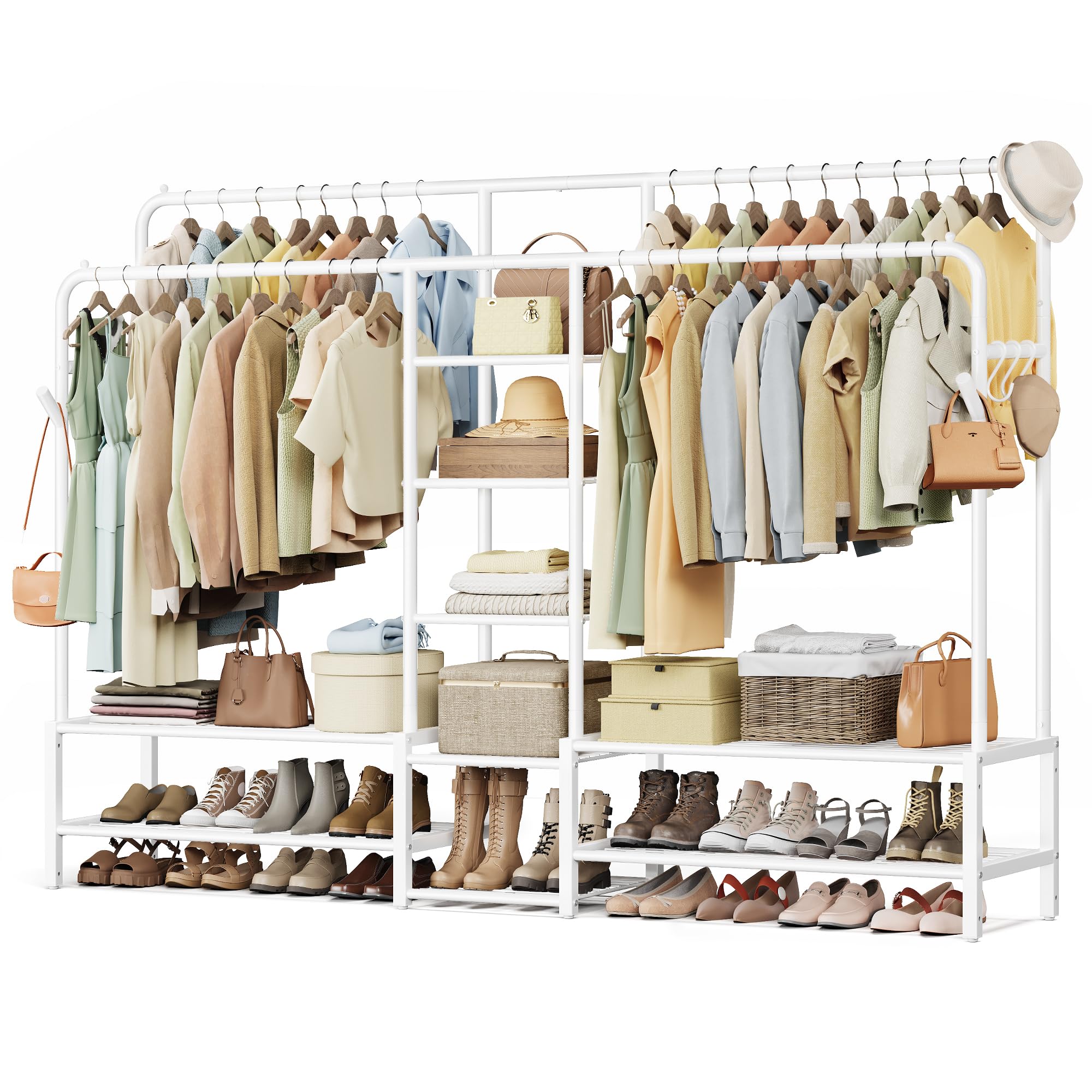 SONGMICS Clothes Rail, Heavy Duty Clothes Rack with 7 Storage Shelves, Double Hanging Rods, Metal Coat Rack, Open Wardrobe for Bedroom, Living Room, Hallway, Black HSR182B01
