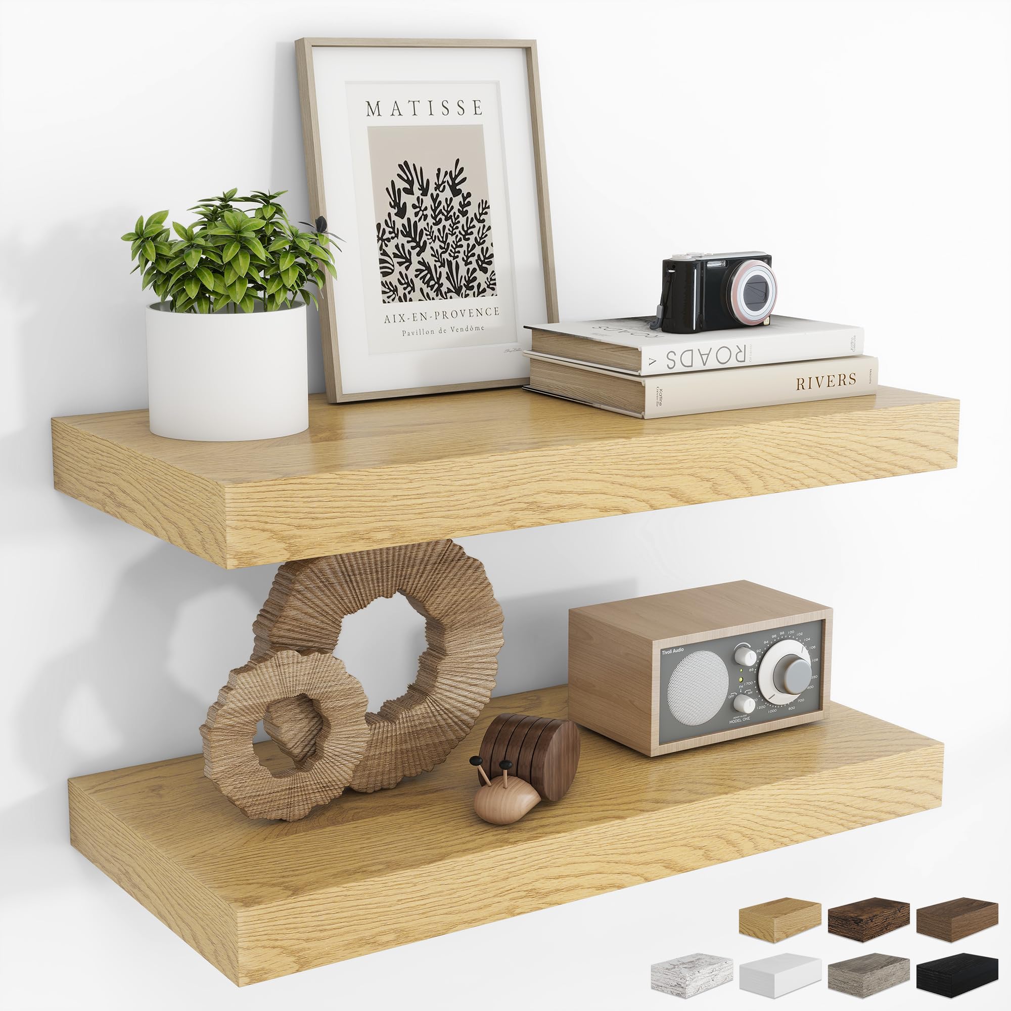 RICHFOCUS 24Inch Floating Shelves for Wall 2 Pack Shelves for Bedroom|Kitchen|Bathroom Wall Mounted Rustic Wood Floating Shelf with Invisible Brackets for Books|Storage|Decor, Oak