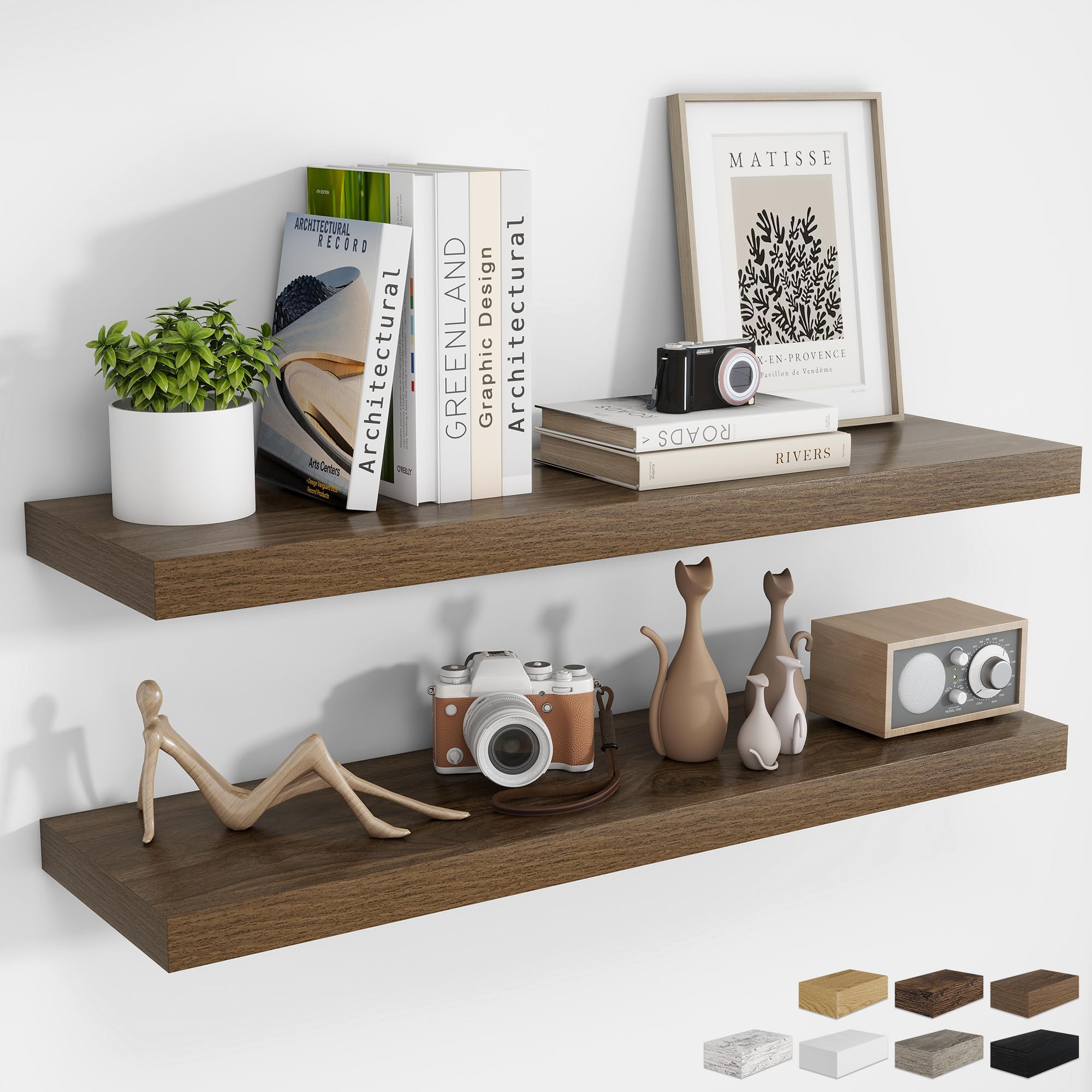 RICHFOCUS 24Inch Floating Shelves for Wall 2 Pack Shelves for Bedroom|Kitchen|Bathroom Wall Mounted Rustic Wood Floating Shelf with Invisible Brackets for Books|Storage|Decor, Oak