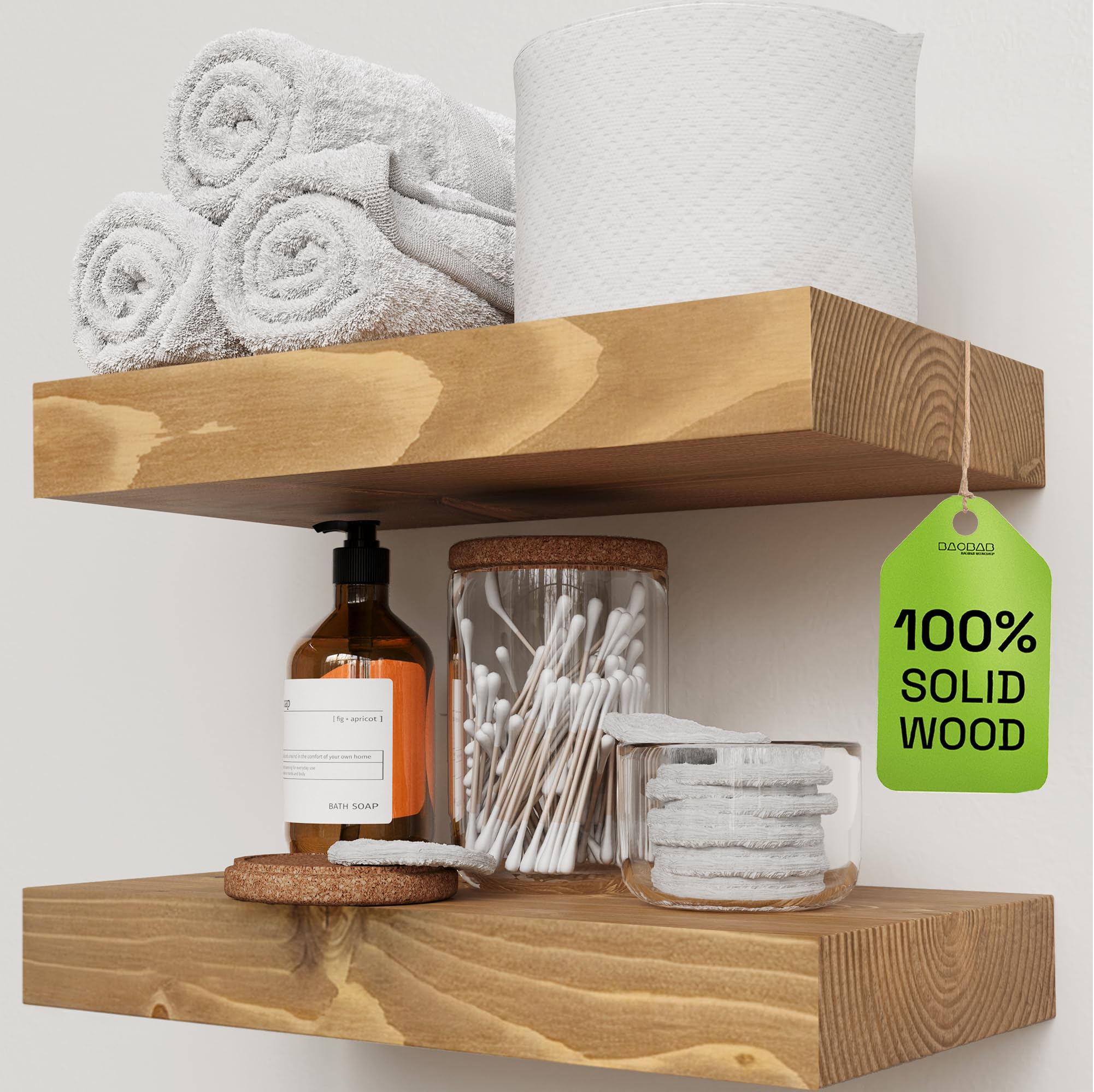 BAOBAB WORKSHOP Wood Floating Shelves for Wall Mounted, 16 inch Walnut Floating Shelf for Bathroom, Solid Wooden Wall Shelves for Kitchen Bedroom Farmhouse, Walnut Finish, 16 x 6.7, Set of 2