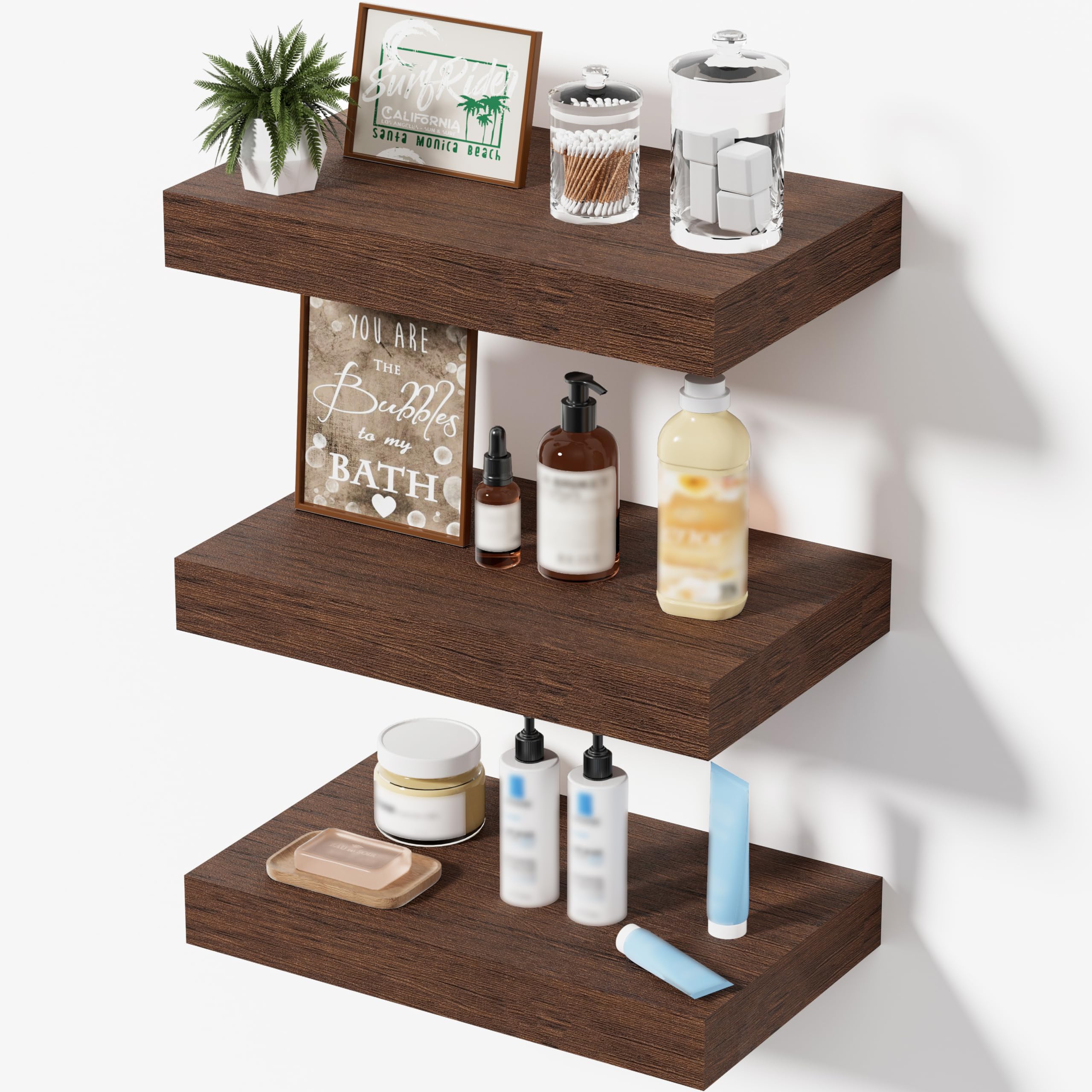 Oak Floating Shelves for Bathroom & Living Room Decor, 24 Inch Rustic Wood Wall Mounted Shelves for Plants, Books, Towels & Storage Display, Set of 2