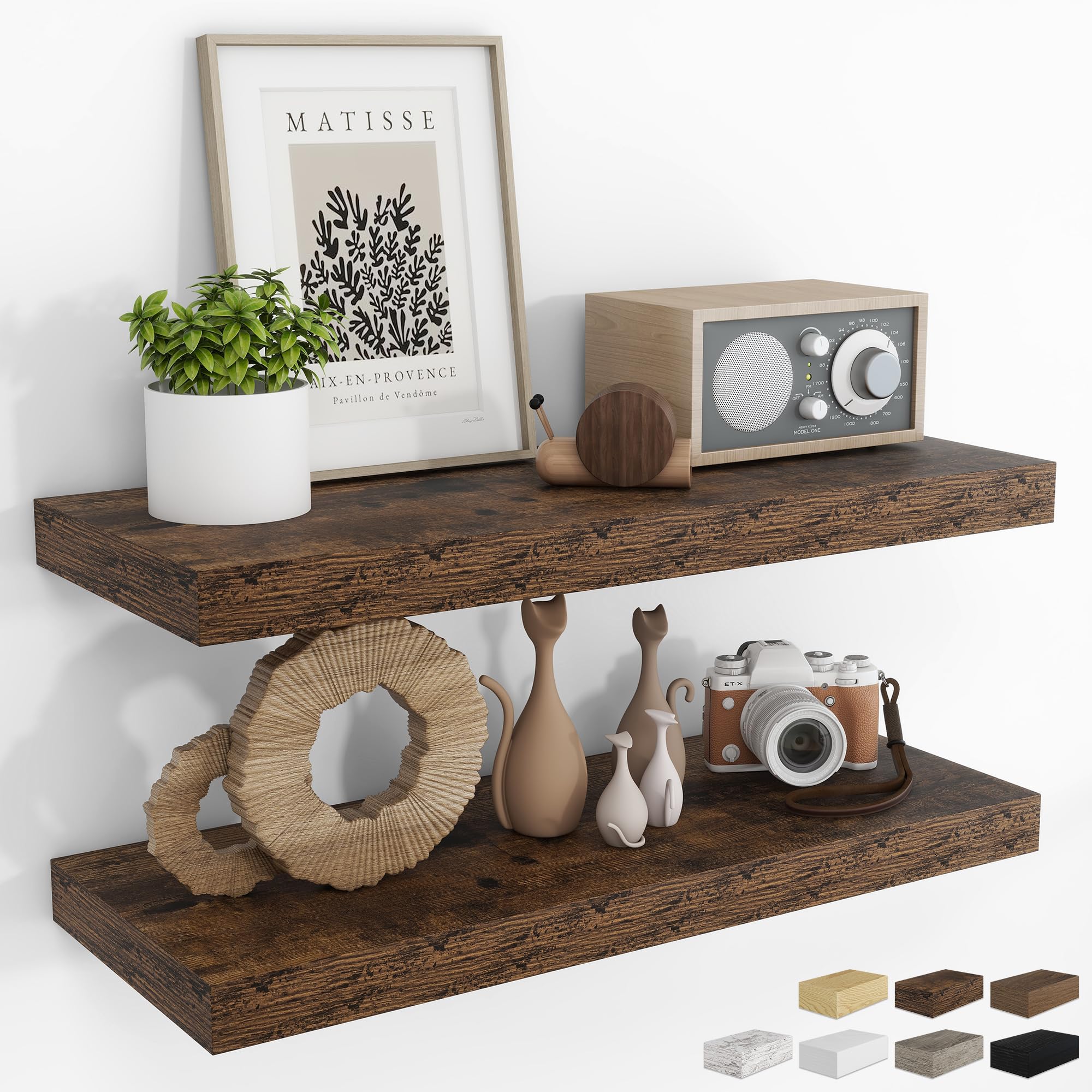 RICHFOCUS 24Inch Floating Shelves for Wall 2 Pack Shelves for Bedroom|Kitchen|Bathroom Wall Mounted Rustic Wood Floating Shelf with Invisible Brackets for Books|Storage|Decor, Oak