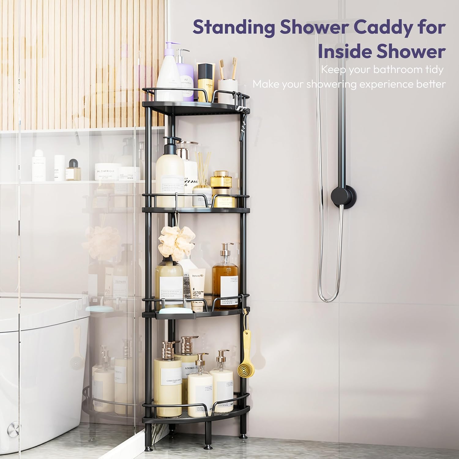 SWTYMIKI Corner Shower Caddy - 4 Tier Bathroom Shelf Organizer With 4 Hooks, Rust Free Standing With Soap Holder, Rack for Inside Bathroom Storage, Black