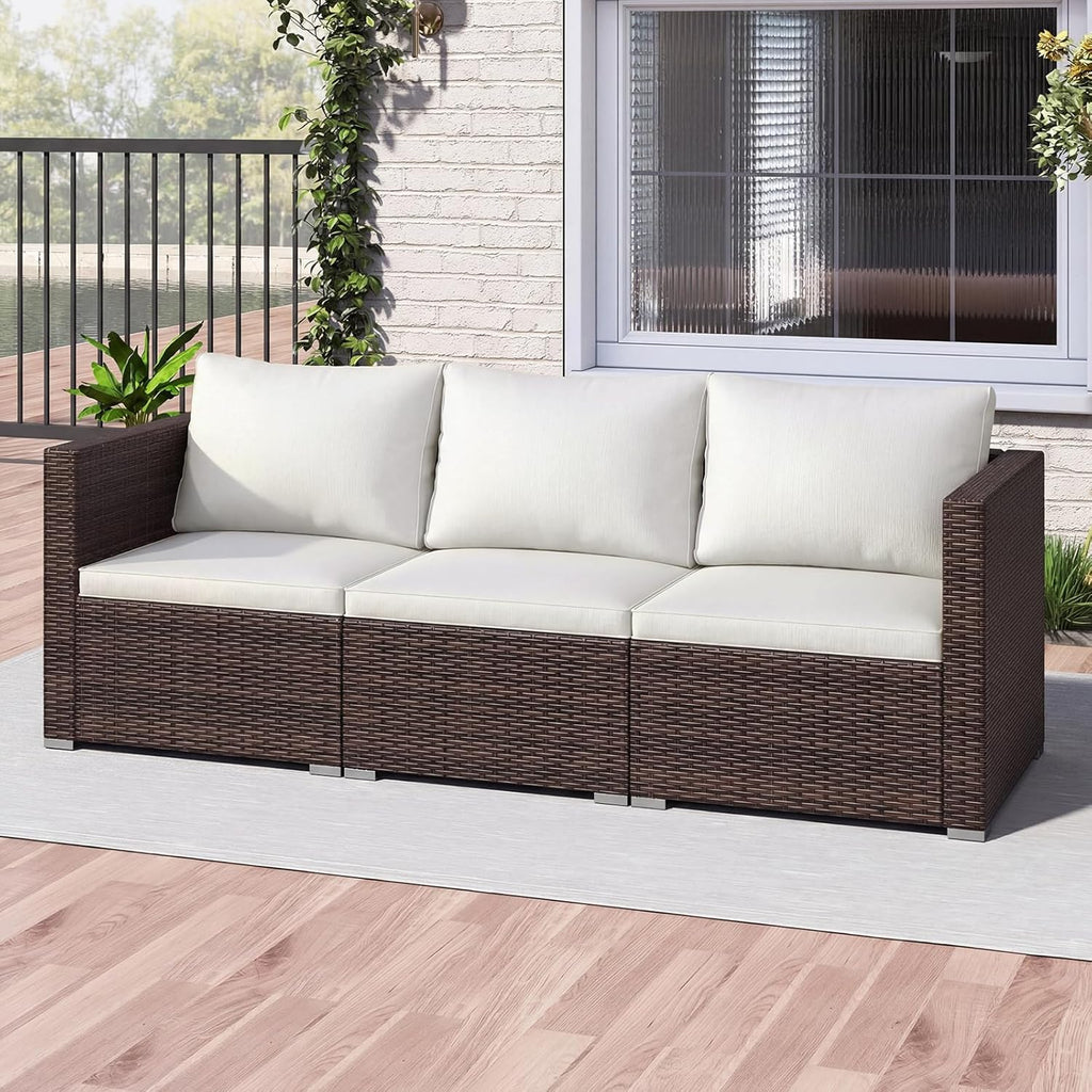 COSTWAY 3-Seater Garden Rattan Sofa, 3-Piece Sectional Patio Sofa Couch with Thick Cushions and Armrests, All-Weather Wicker Weave Outdoor Seating Bench Furniture (Mixed Brown+Off White, 193x67x61cm)