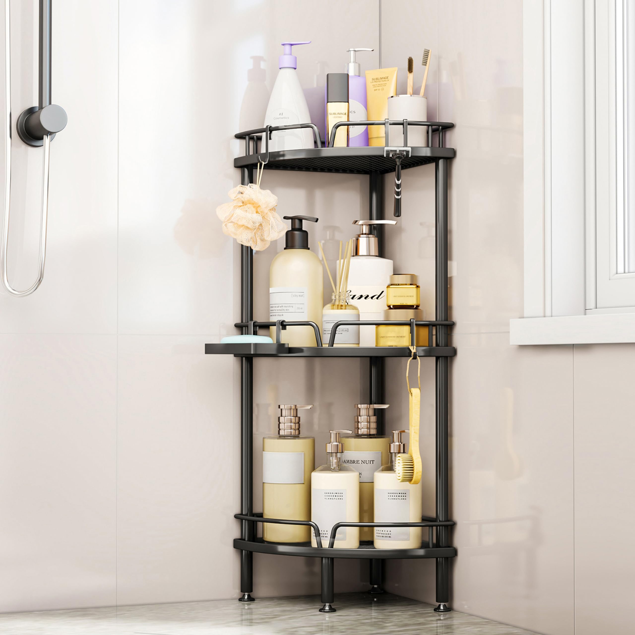 SWTYMIKI Corner Shower Caddy - 3 Tier Shower Corner Shelf Organizer with 4 Hooks, Rust-Free Freestanding Caddy with Soap Holder, Storage Rack for Bathroom, White